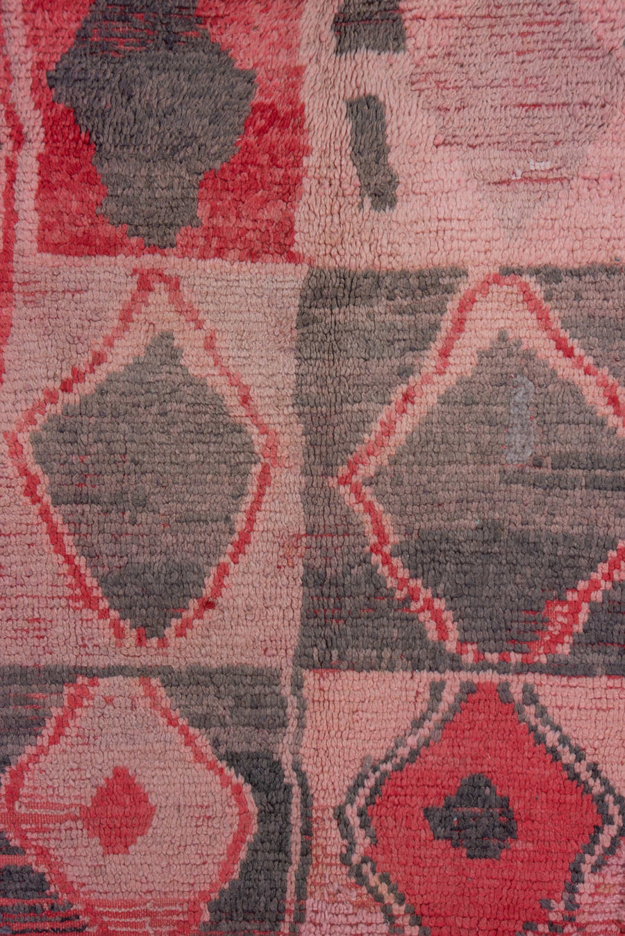 5' x 6' one-of-a-kind handmade vintage Moroccan rug. Color palette: rose, crimson, charcoal, blush, terra cotta, pink, red