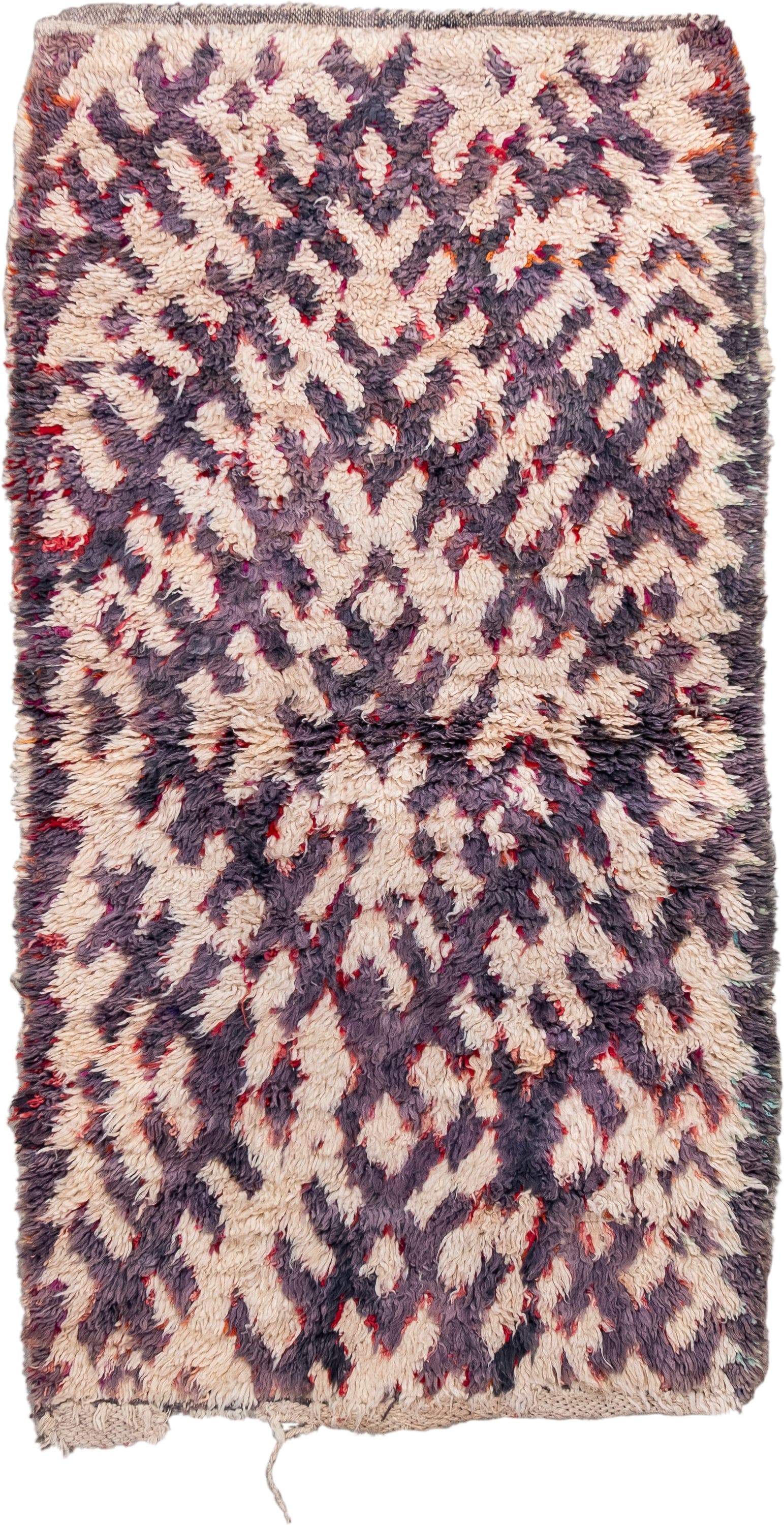 3' x 5' one-of-a-kind handmade vintage Moroccan small size rug. Color palette: ivory, plum, charcoal, crimson, rose, pink