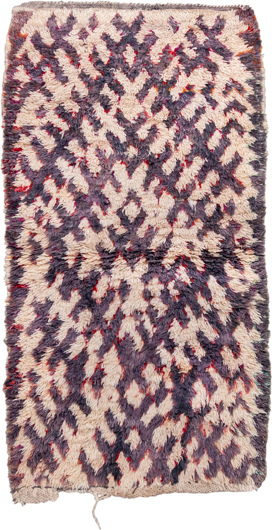 3' x 5' one-of-a-kind handmade vintage Moroccan small size rug. Color palette: ivory, plum, charcoal, crimson, rose, pink