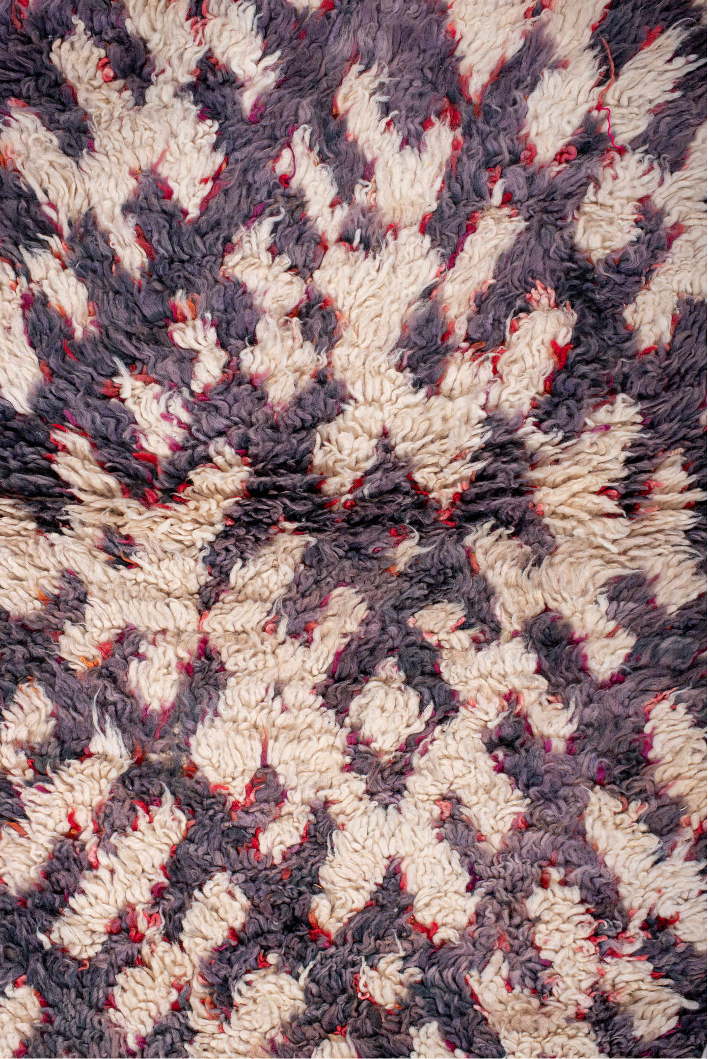 3' x 5' one-of-a-kind handmade vintage Moroccan small size rug. Color palette: ivory, plum, charcoal, crimson, rose, pink