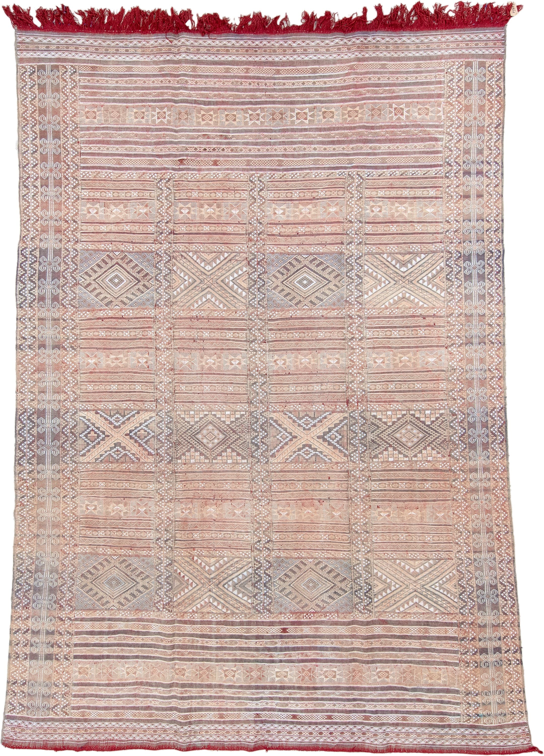 7' x 11' one-of-a-kind handmade vintage Kilim large size rug. Color palette: rose, ivory, taupe, dusty blue, rust, beige