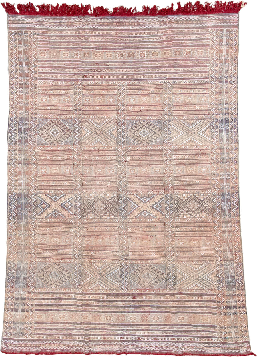7' x 11' one-of-a-kind handmade vintage Kilim large size rug. Color palette: rose, ivory, taupe, dusty blue, rust, beige