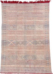 7' x 11' one-of-a-kind handmade vintage Kilim large size rug. Color palette: rose, ivory, taupe, dusty blue, rust, beige