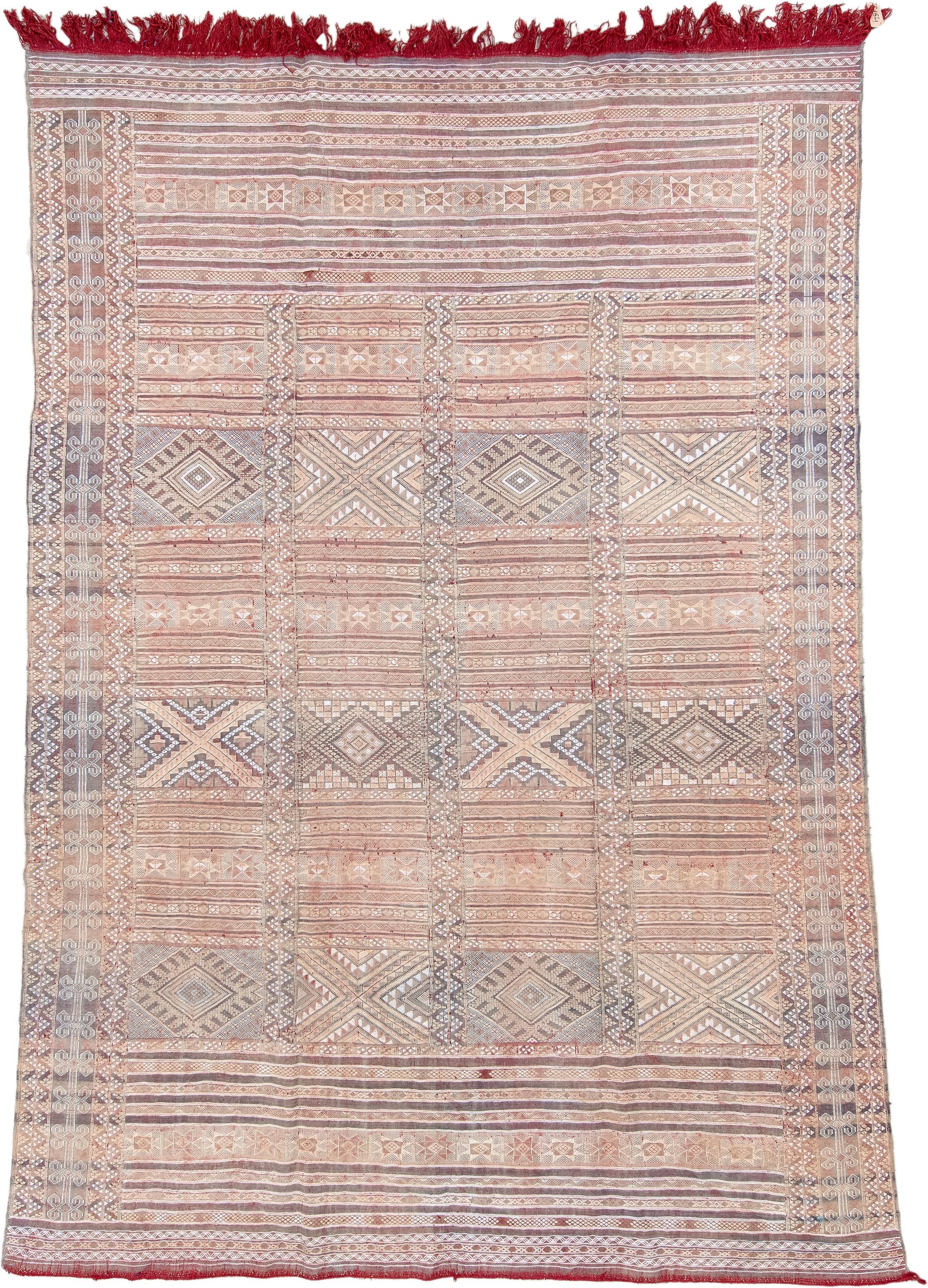 7' x 11' one-of-a-kind handmade vintage Kilim large size rug. Color palette: rose, ivory, taupe, dusty blue, rust, beige