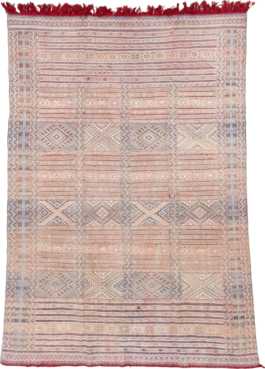 7' x 11' one-of-a-kind handmade vintage Kilim large size rug. Color palette: rose, ivory, taupe, dusty blue, rust, beige
