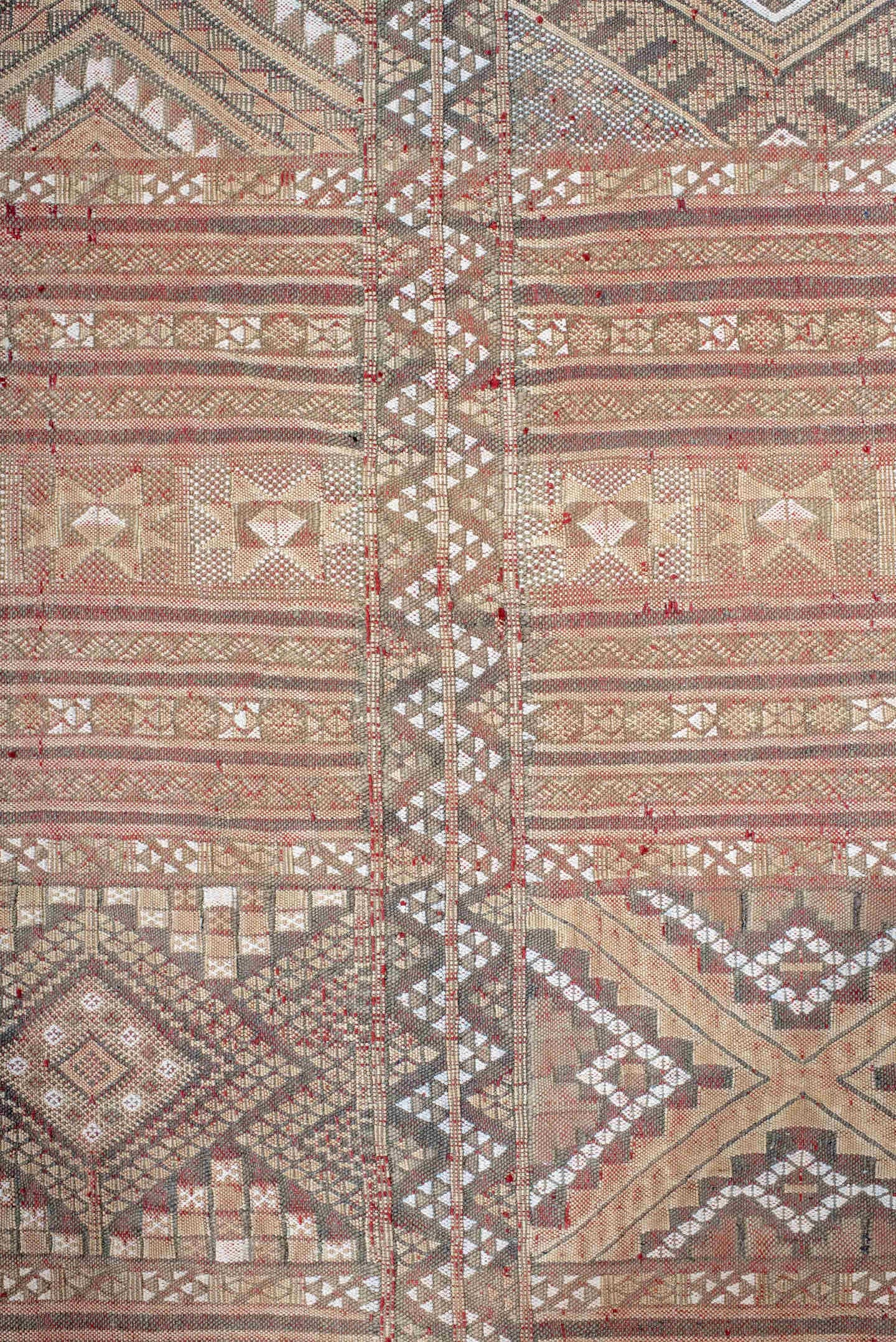 7' x 11' one-of-a-kind handmade vintage Kilim large size rug. Color palette: rose, ivory, taupe, dusty blue, rust, beige