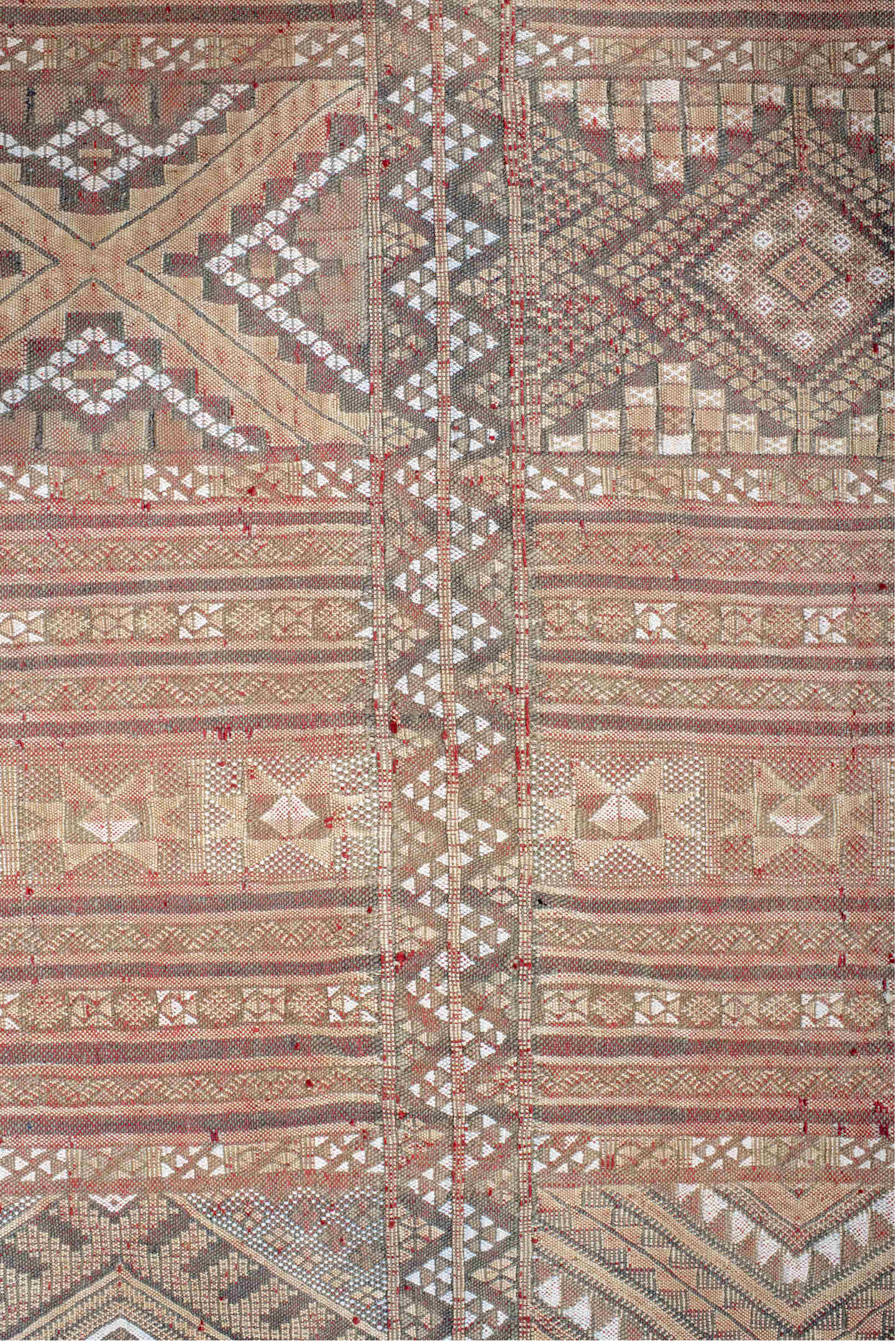 7' x 11' one-of-a-kind handmade vintage Kilim large size rug. Color palette: rose, ivory, taupe, dusty blue, rust, beige