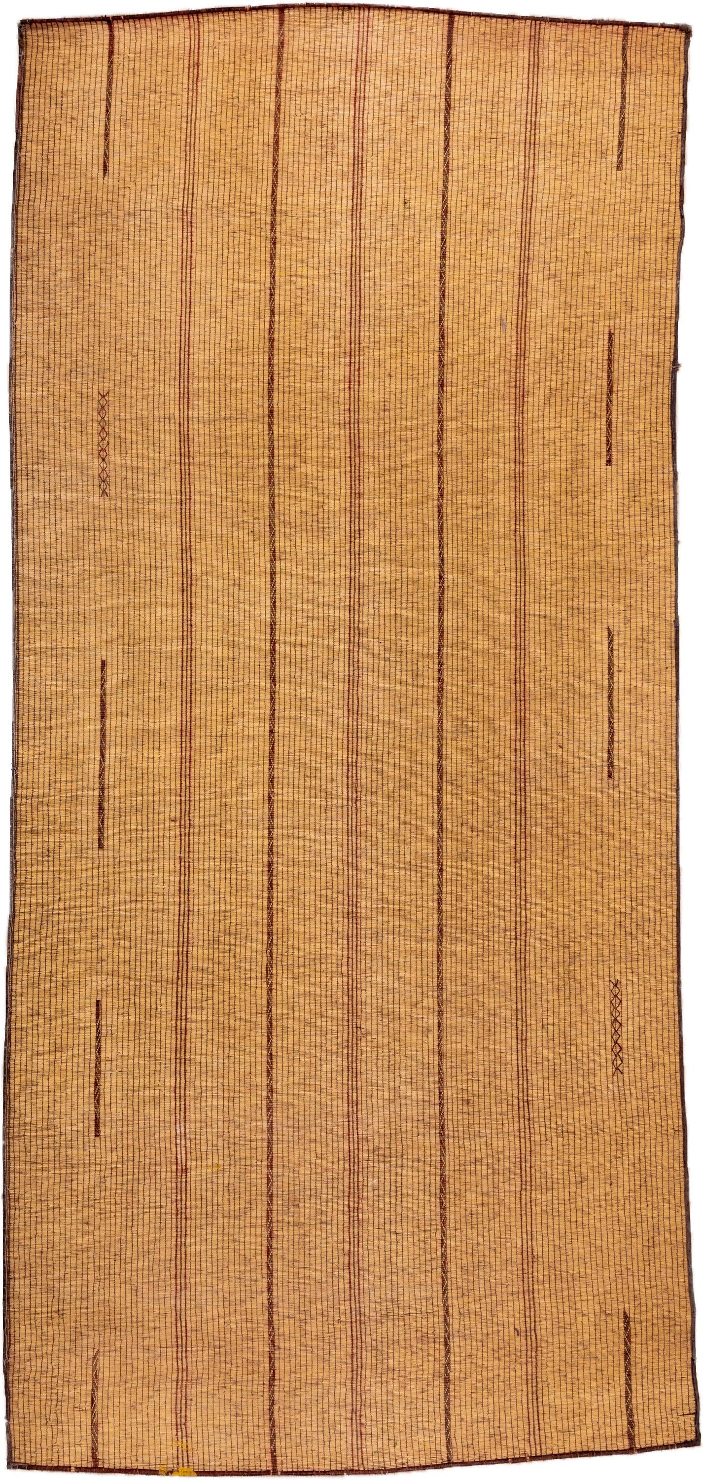 7' x 16' one-of-a-kind handmade vintage Tuareg rug. Color palette: camel, brown, tan, ochre, beige, gold