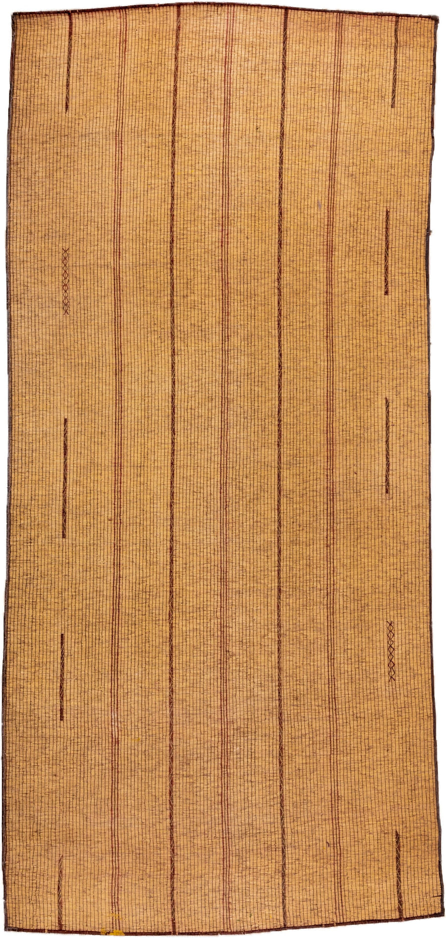 7' x 16' one-of-a-kind handmade vintage Tuareg rug. Color palette: camel, brown, tan, ochre, beige, gold