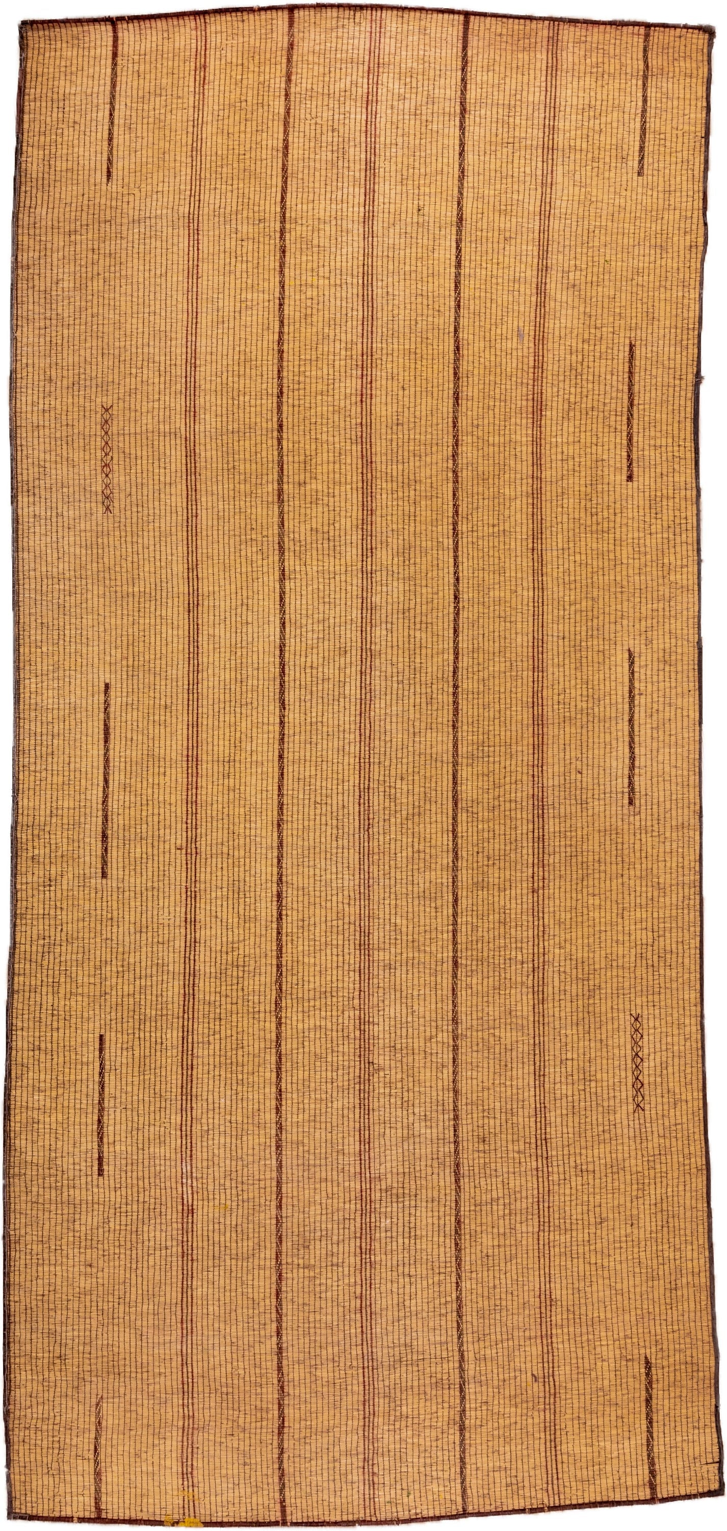 7' x 16' one-of-a-kind handmade vintage Tuareg rug. Color palette: camel, brown, tan, ochre, beige, gold