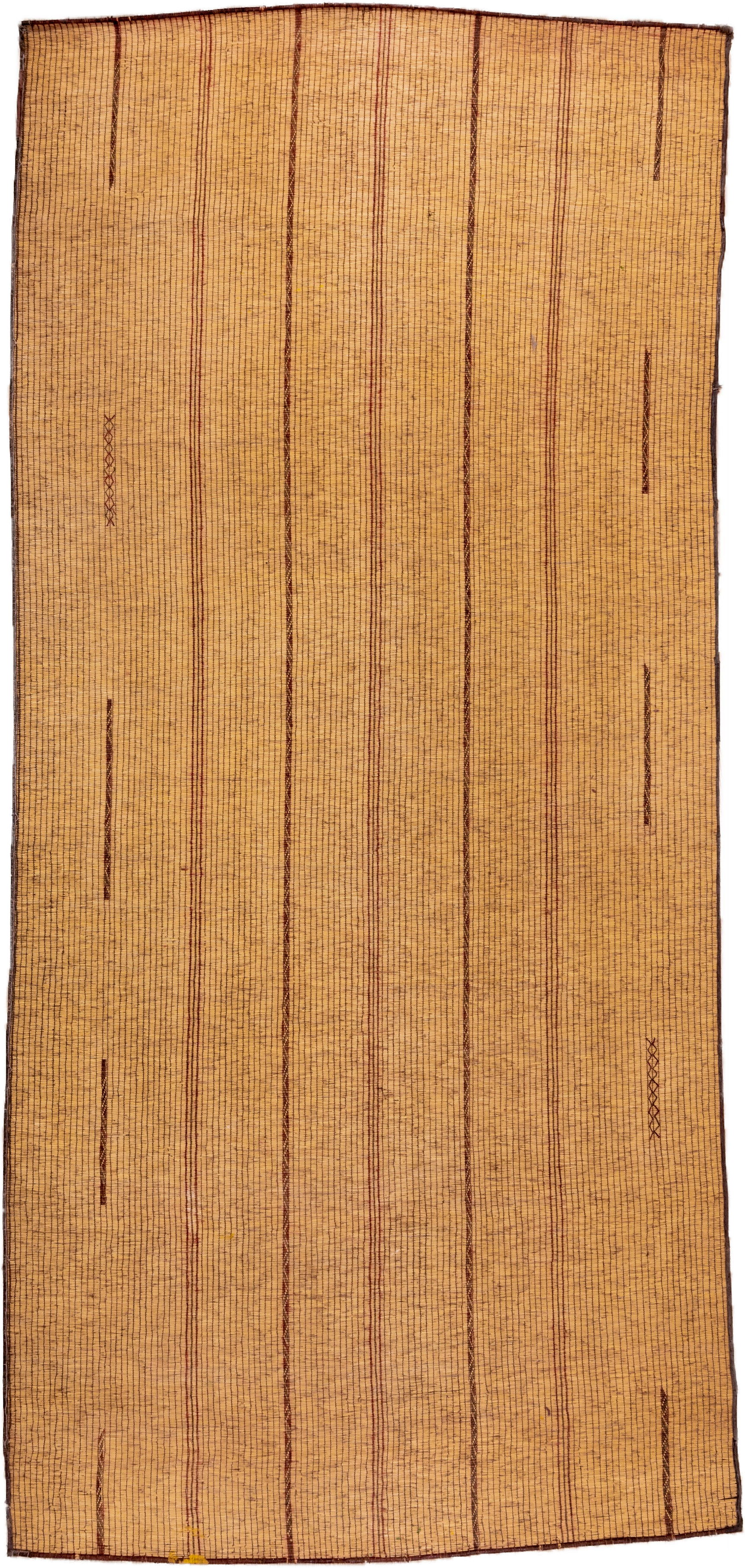 7' x 16' one-of-a-kind handmade vintage Tuareg rug. Color palette: camel, brown, tan, ochre, beige, gold