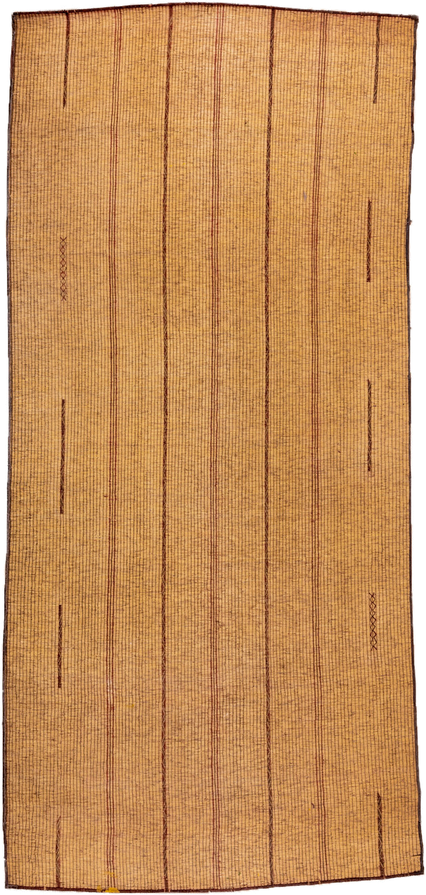 7' x 16' one-of-a-kind handmade vintage Tuareg rug. Color palette: camel, brown, tan, ochre, beige, gold