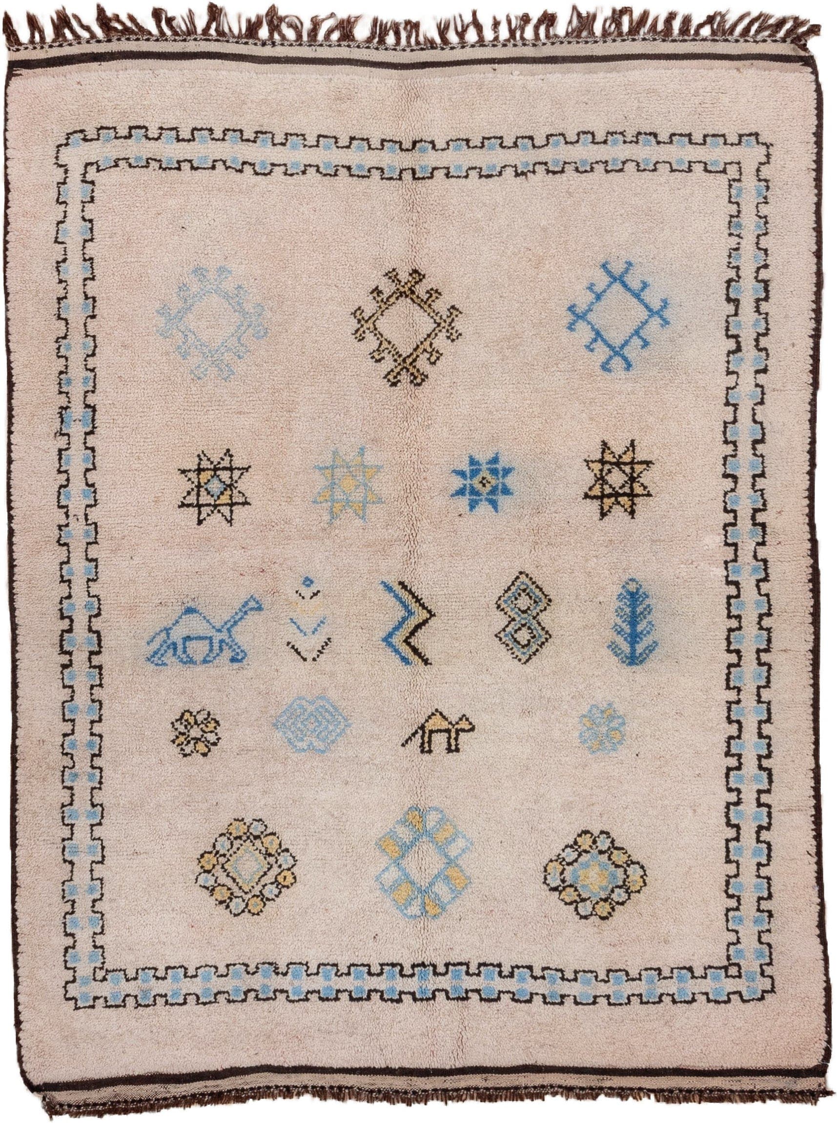 5' x 6' one-of-a-kind handmade vintage Moroccan rug. Color palette: ivory, brown, sky_blue, camel, pale_blue, light blue