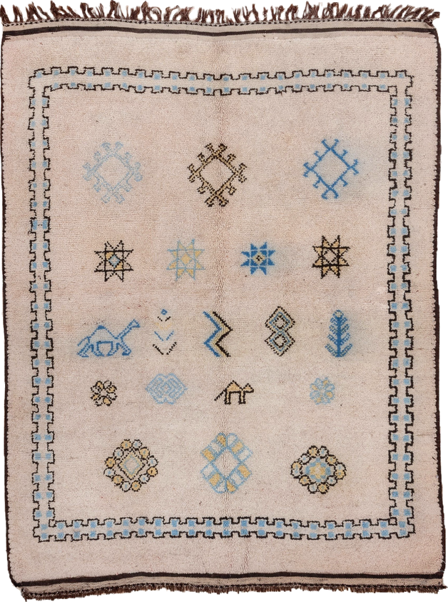 5' x 6' one-of-a-kind handmade vintage Moroccan rug. Color palette: blue, brown, dark gray, gray, light gray