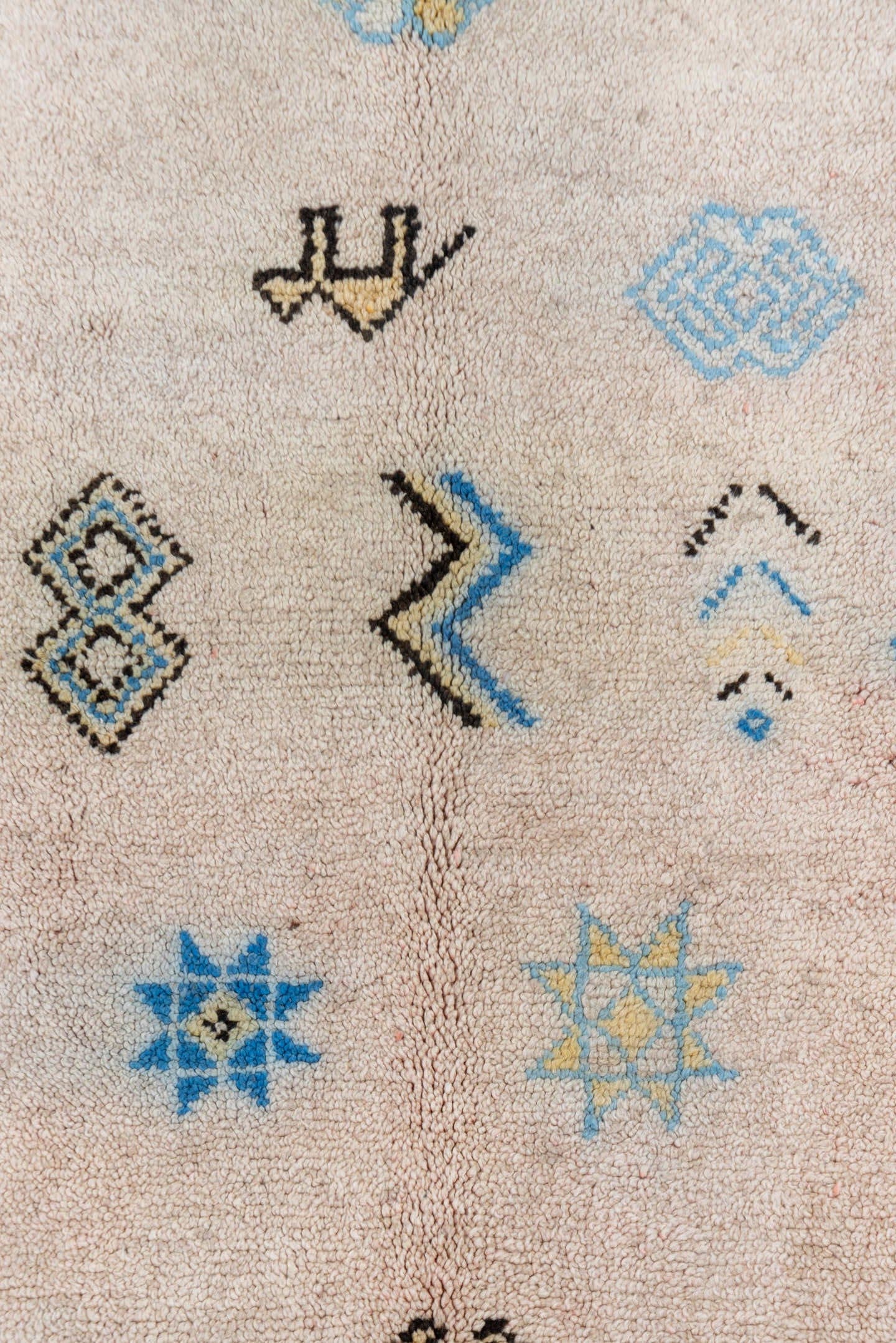 5' x 6' one-of-a-kind handmade vintage Moroccan rug. Color palette: ivory, brown, sky_blue, camel, pale_blue, light blue