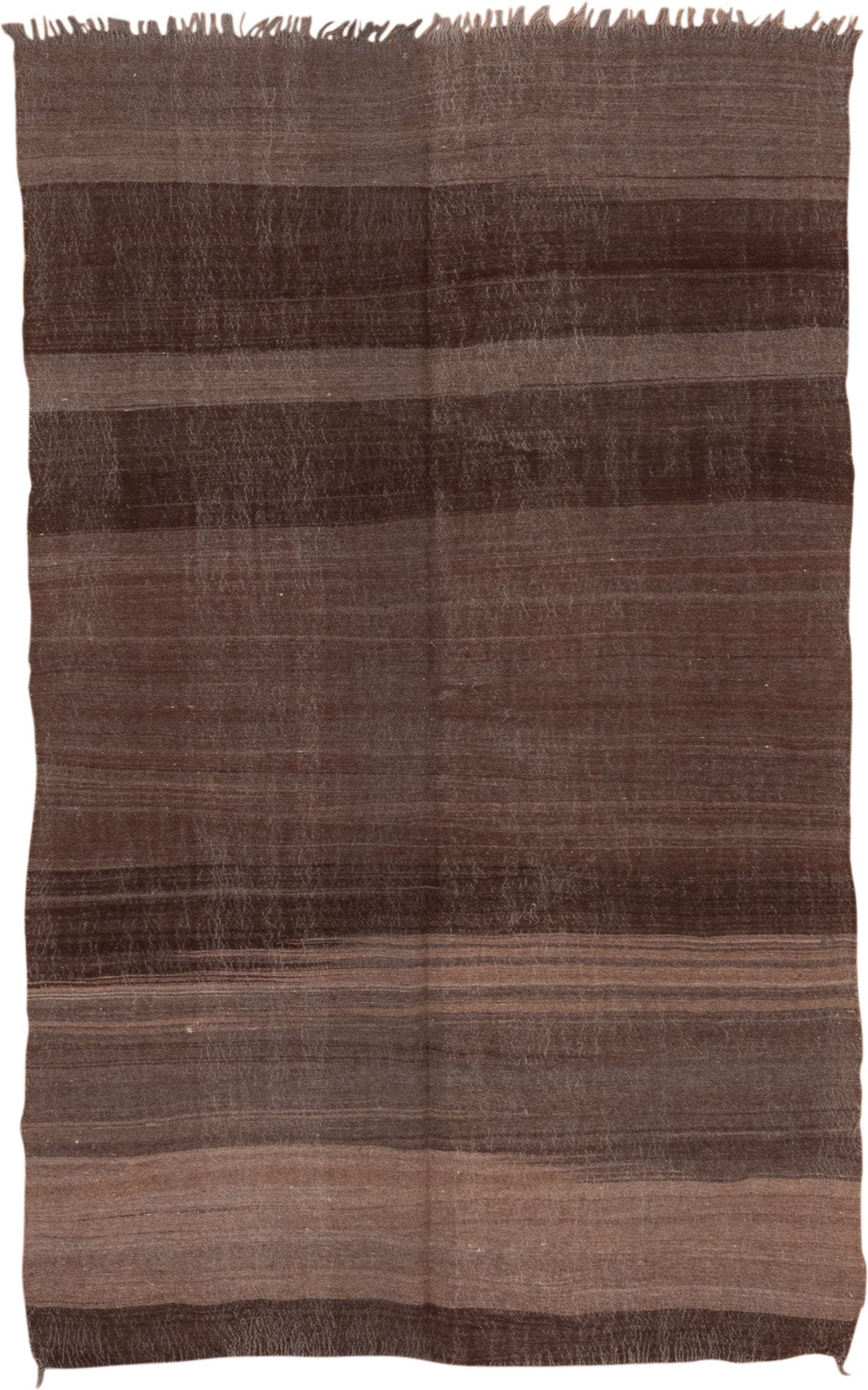 4' x 6' one-of-a-kind handmade vintage Blanket small size rug. Color palette: brown, taupe, charcoal, camel, beige, gray