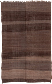 4' x 6' one-of-a-kind handmade vintage Blanket small size rug. Color palette: brown, taupe, charcoal, camel, beige, gray