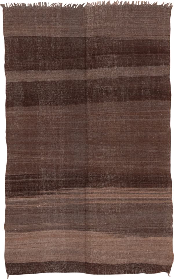 4' x 6' one-of-a-kind handmade vintage Blanket small size rug. Color palette: brown, taupe, charcoal, camel, beige, gray