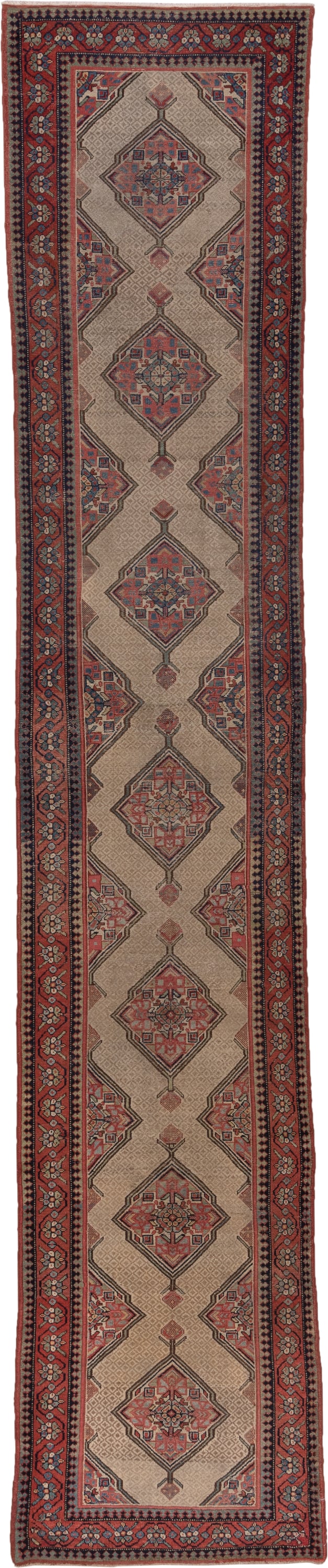 3' x 16' one-of-a-kind handmade antique Cam Hamadan runner rug. Color palette: ivory, rust, navy, rose, taupe, charcoal