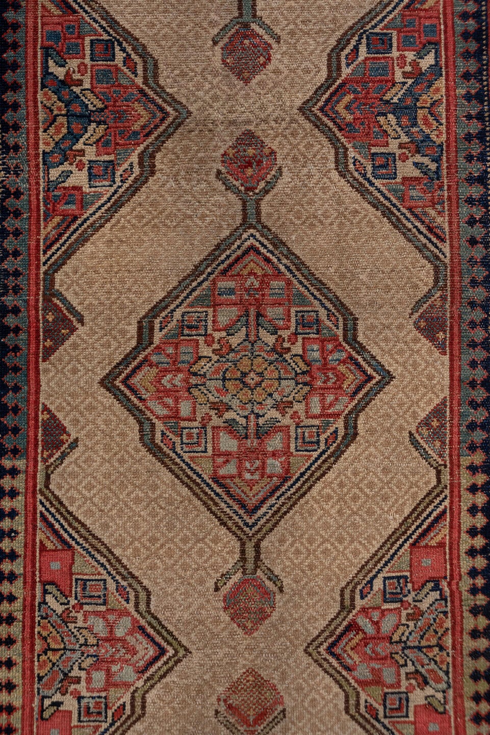 3' x 16' one-of-a-kind handmade antique Cam Hamadan runner rug. Color palette: ivory, rust, navy, rose, taupe, charcoal