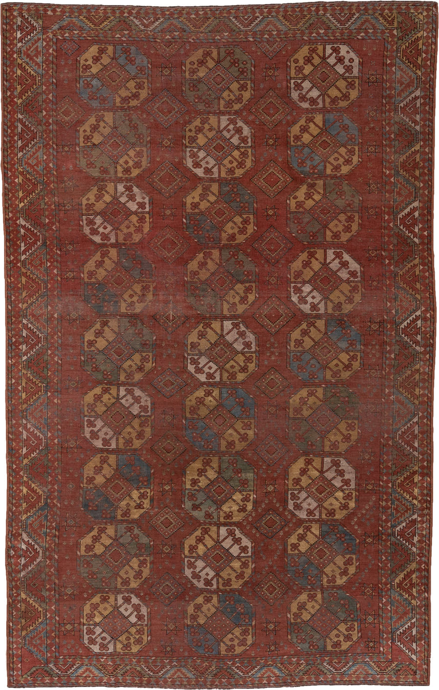 7' x 11' one-of-a-kind handmade antique Afghan large size rug. Color palette: rust, terra cotta, camel, ivory, slate blue