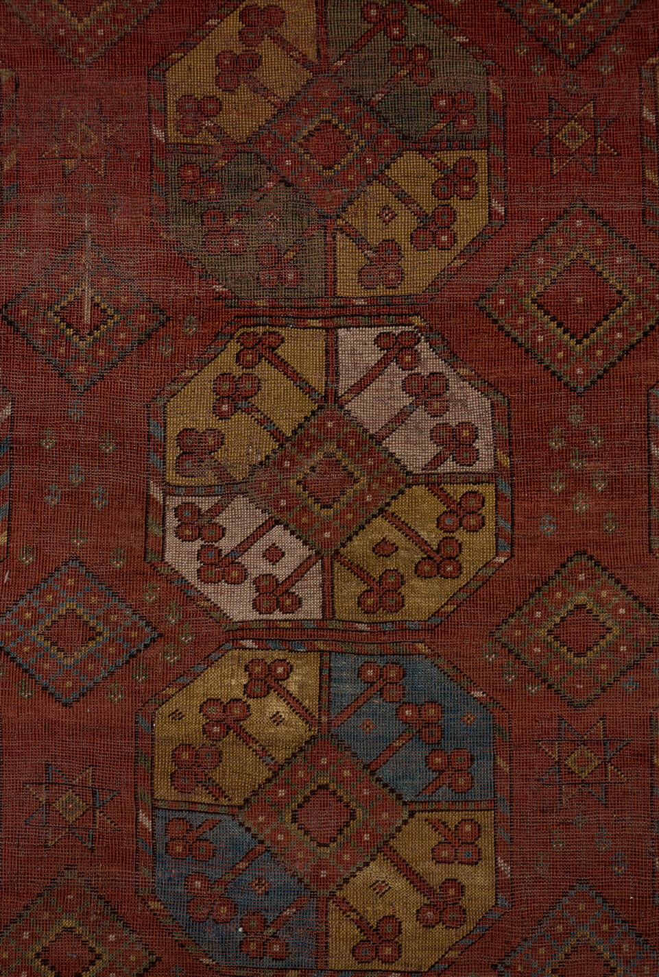 7' x 11' one-of-a-kind handmade vintage Afghan large size rug. Color palette: brown, gray, pink, red