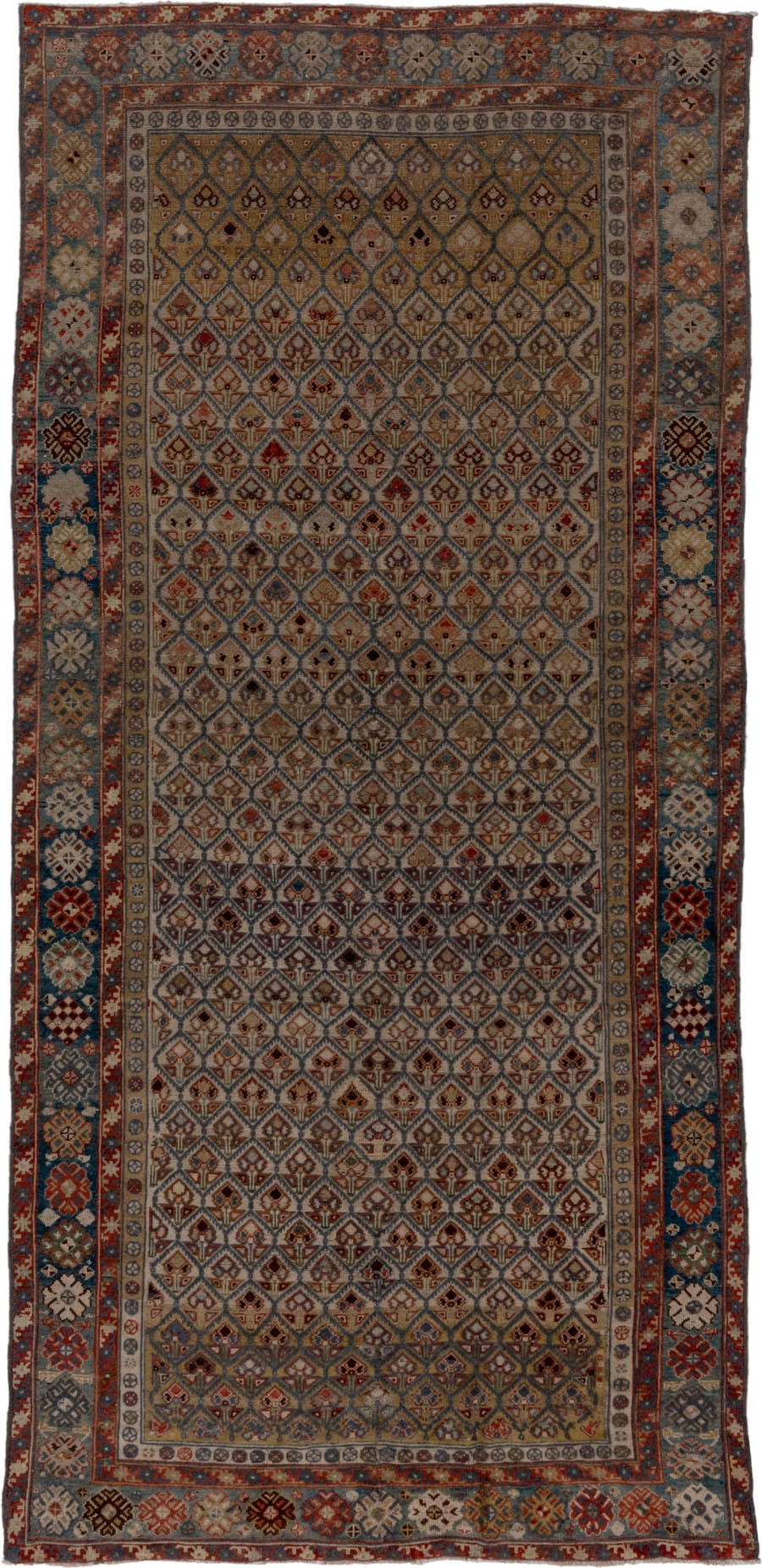 5' x 12' one-of-a-kind handmade antique NW Persian rug. Color palette: camel, ivory, slate, rust, blue, taupe, charcoal