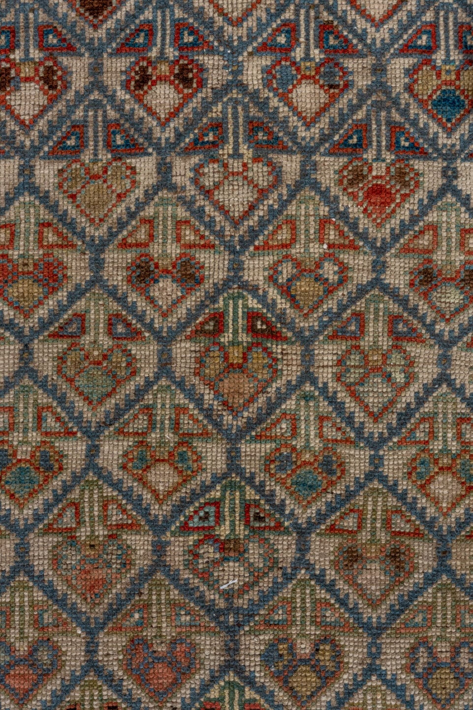 5' x 12' one-of-a-kind handmade antique NW Persian rug. Color palette: camel, ivory, slate, rust, blue, taupe, charcoal