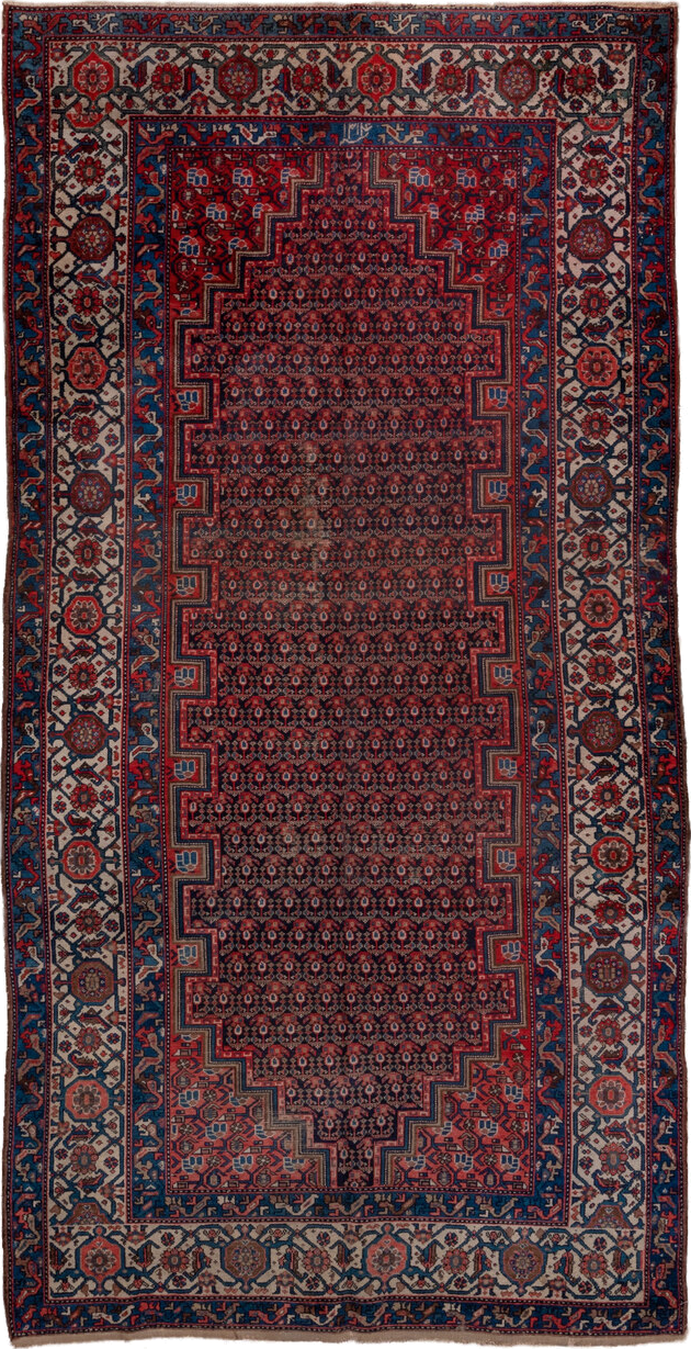 5' x 11' one-of-a-kind handmade vintage Malayer rug. Color palette: indigo, rust, ivory, crimson, navy, rose, camel, purple
