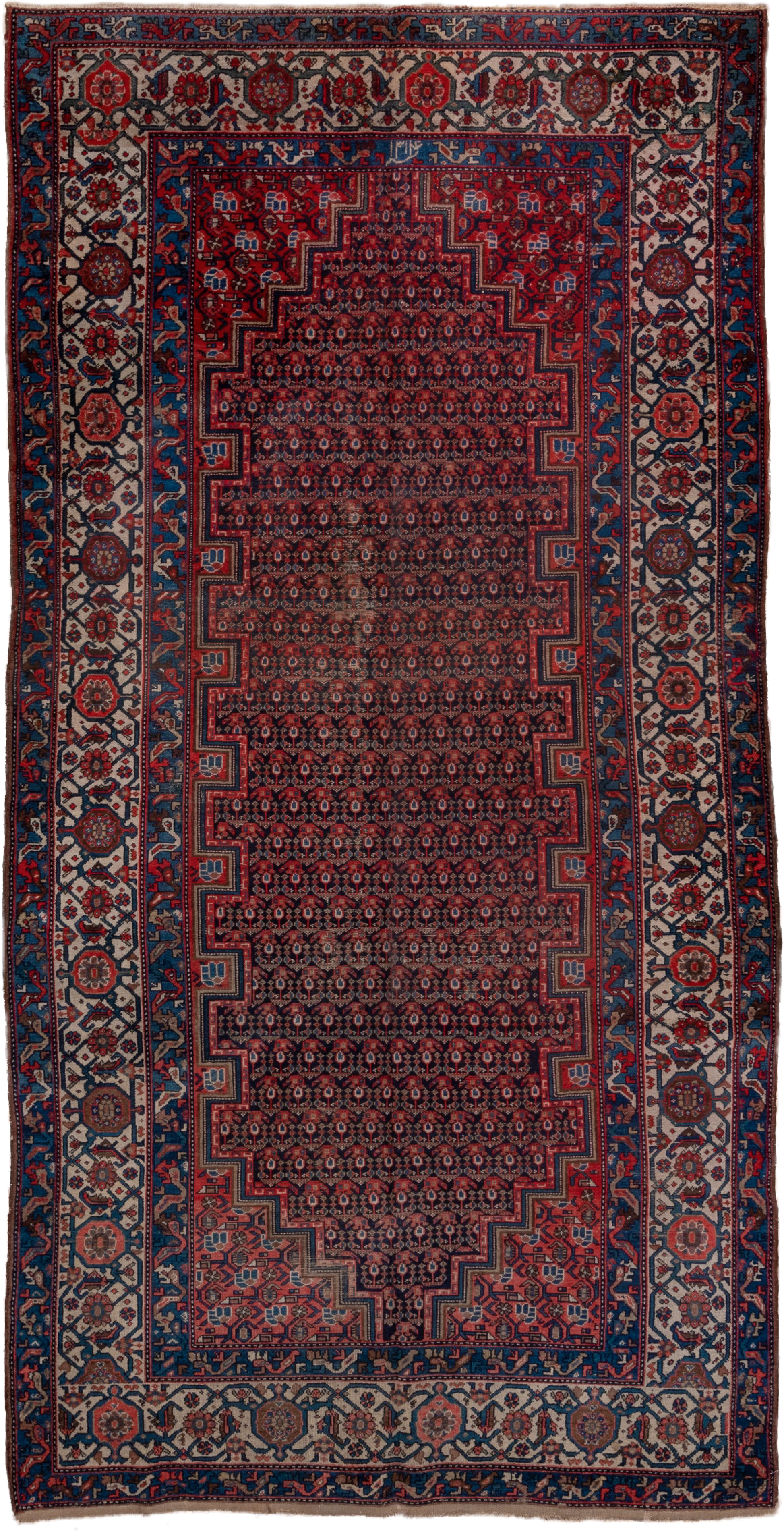 5' x 11' one-of-a-kind handmade vintage Malayer rug. Color palette: indigo, rust, ivory, crimson, navy, rose, camel, purple