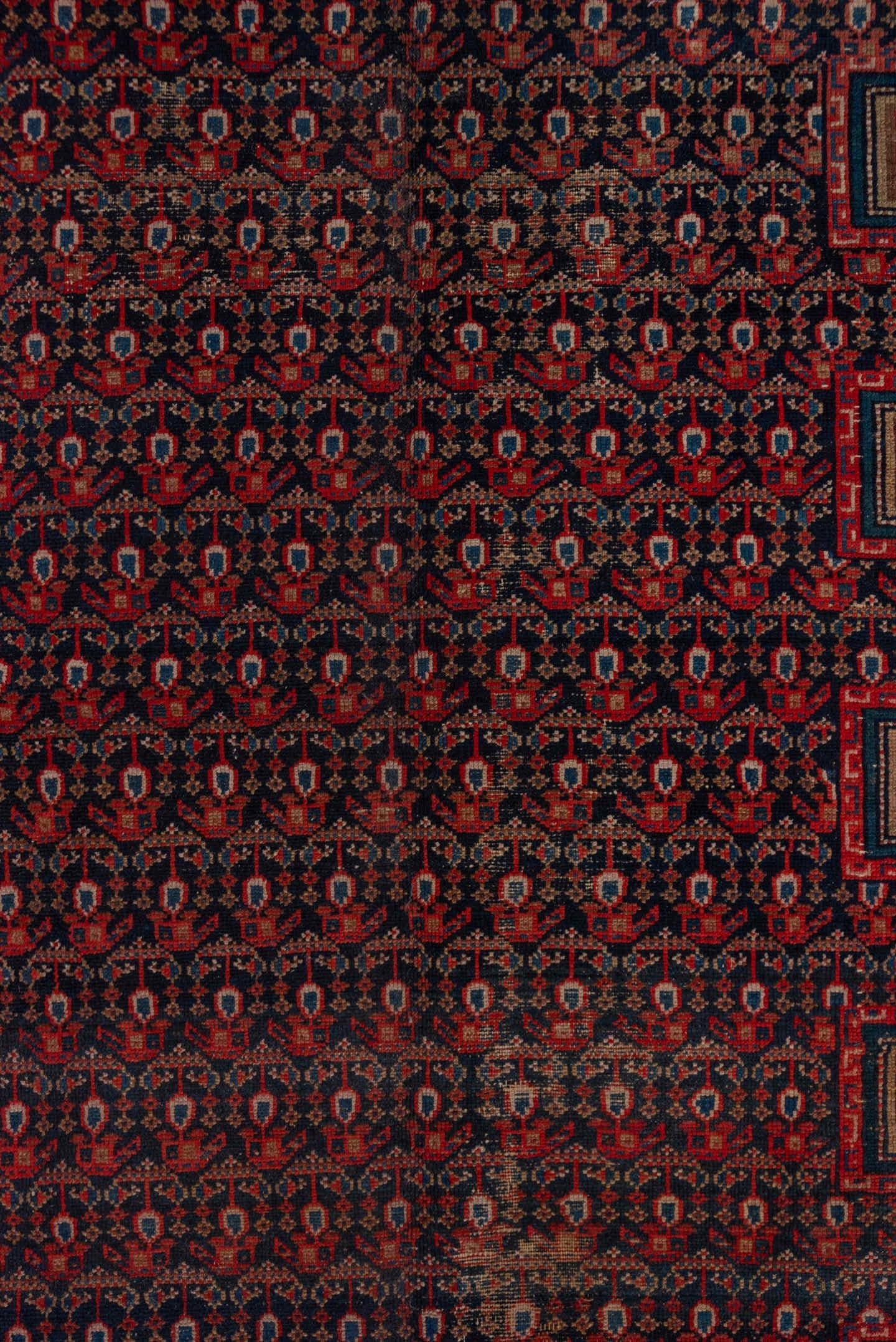5' x 11' one-of-a-kind handmade vintage Malayer rug. Color palette: indigo, rust, ivory, crimson, navy, rose, camel, purple