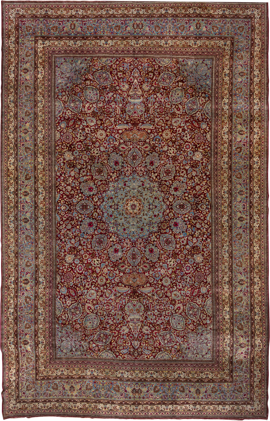 11' x 17' one-of-a-kind handmade antique Kerman oversize rug. Color palette: burgundy, sky blue, ivory, gold, rose, camel