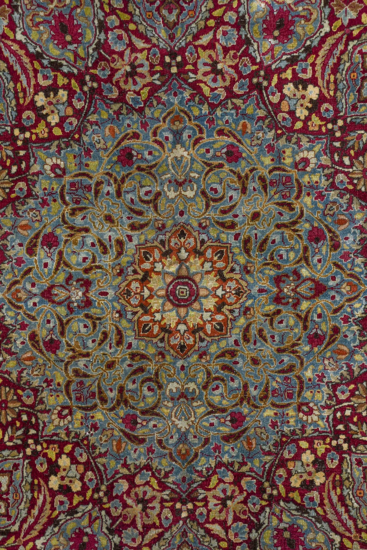 11' x 17' one-of-a-kind handmade antique Kerman oversize rug. Color palette: burgundy, sky blue, ivory, gold, rose, camel