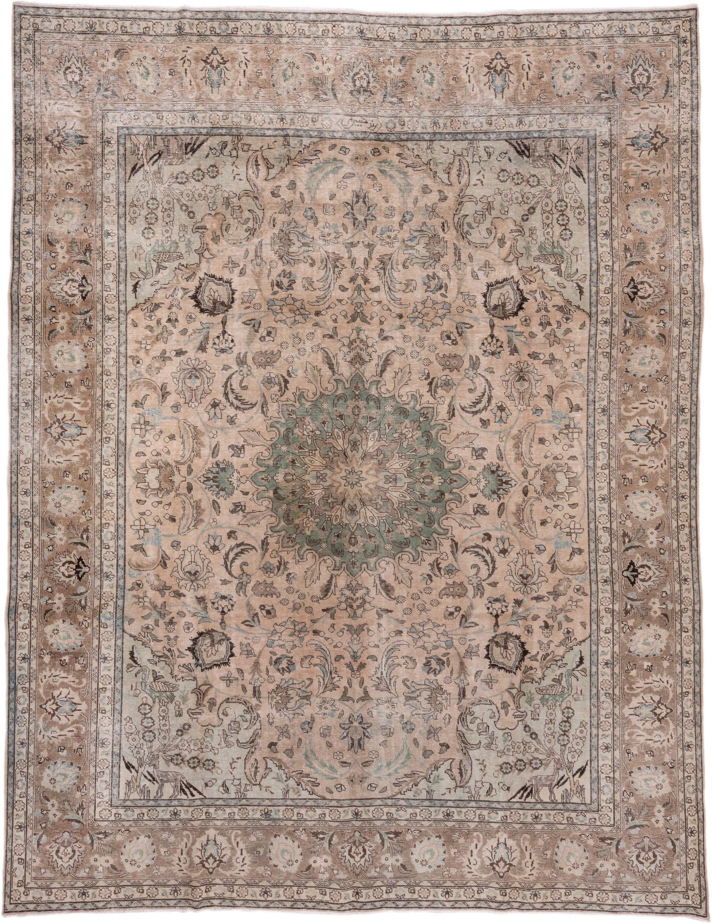 9' x 12' one-of-a-kind handmade antique Tabriz large size rug. Color palette: taupe, ivory, sage, pale blue, brown, beige