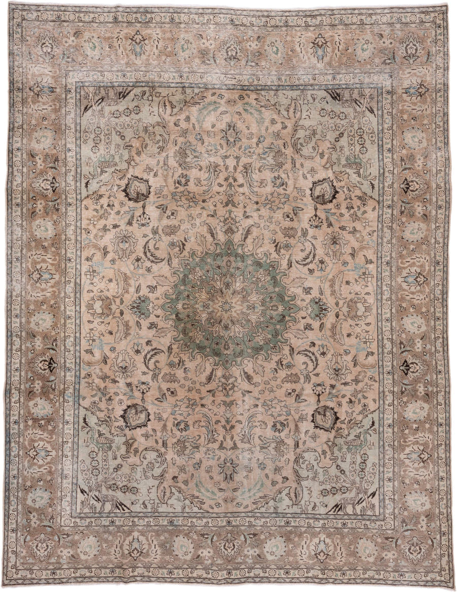 9' x 12' one-of-a-kind handmade antique Tabriz large size rug. Color palette: taupe, ivory, sage, pale blue, brown, beige