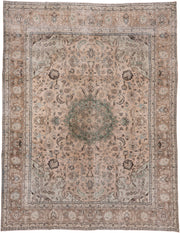 9' x 12' one-of-a-kind handmade antique Tabriz large size rug. Color palette: taupe, ivory, sage, pale blue, brown, beige
