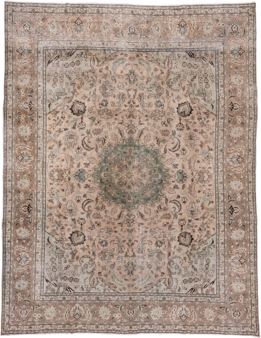9' x 12' one-of-a-kind handmade antique Tabriz large size rug. Color palette: taupe, ivory, sage, pale blue, brown, beige