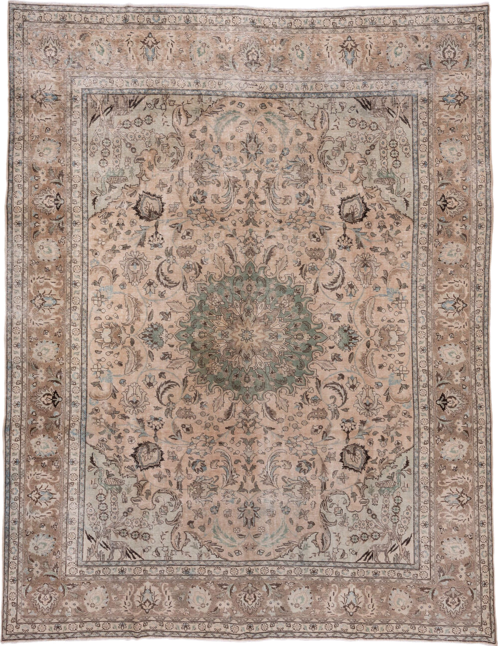 9' x 12' one-of-a-kind handmade antique Tabriz large size rug. Color palette: taupe, ivory, sage, pale blue, brown, beige