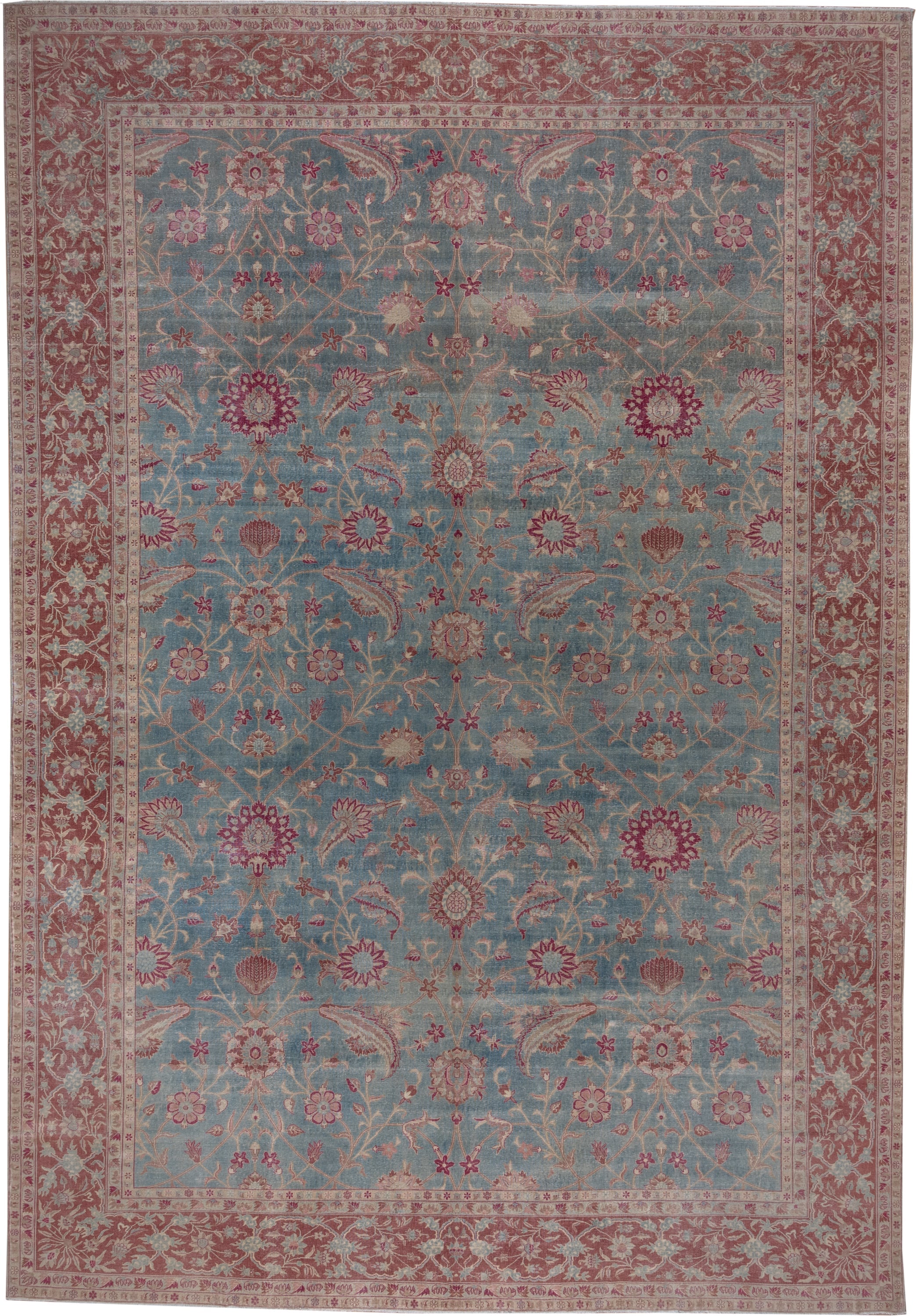 11' x 17' one-of-a-kind handmade antique Sivas oversize rug. Color palette: dusty blue, rose, ivory, blush, taupe, sage