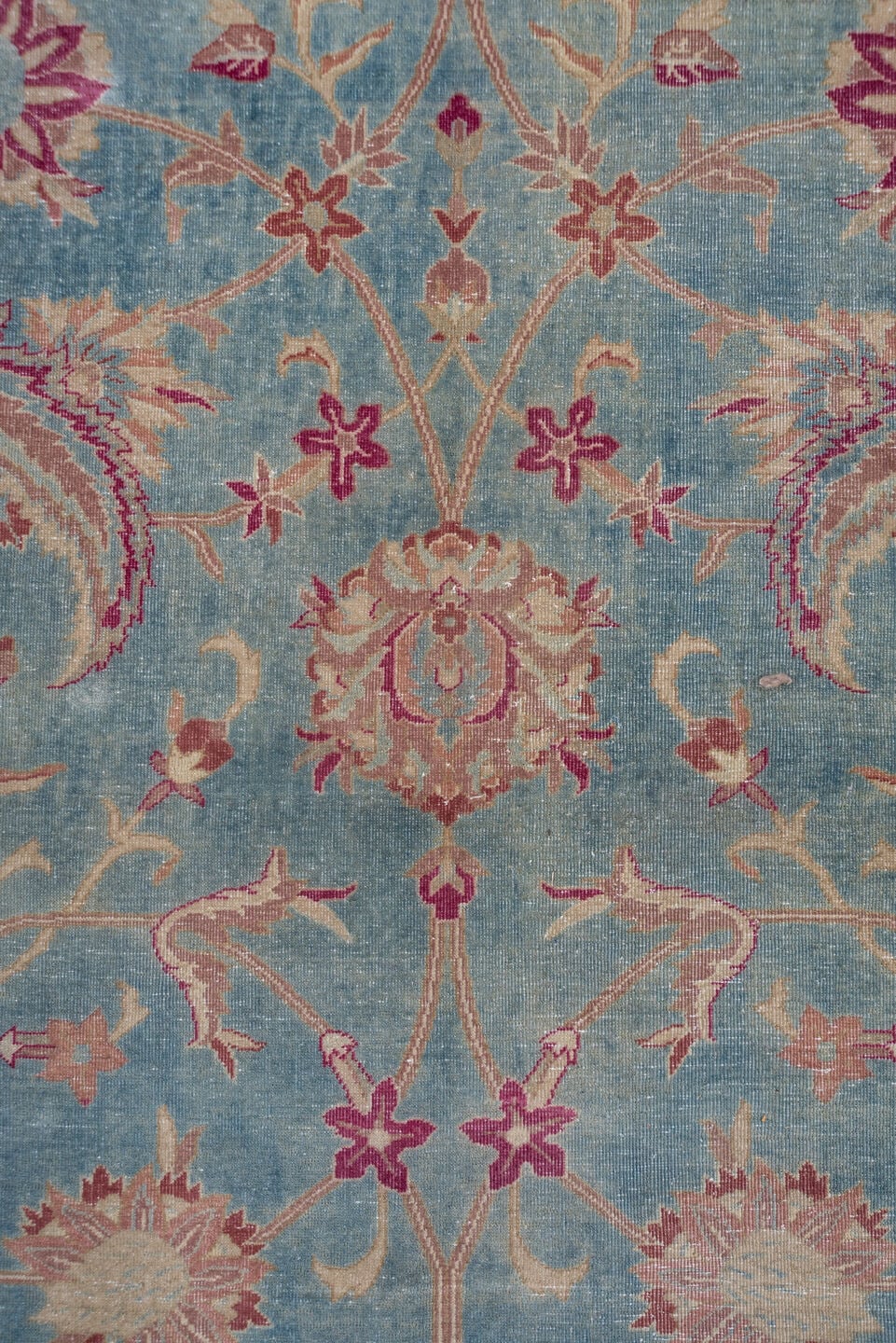 11' x 17' one-of-a-kind handmade antique Sivas oversize rug. Color palette: dusty blue, rose, ivory, blush, taupe, sage