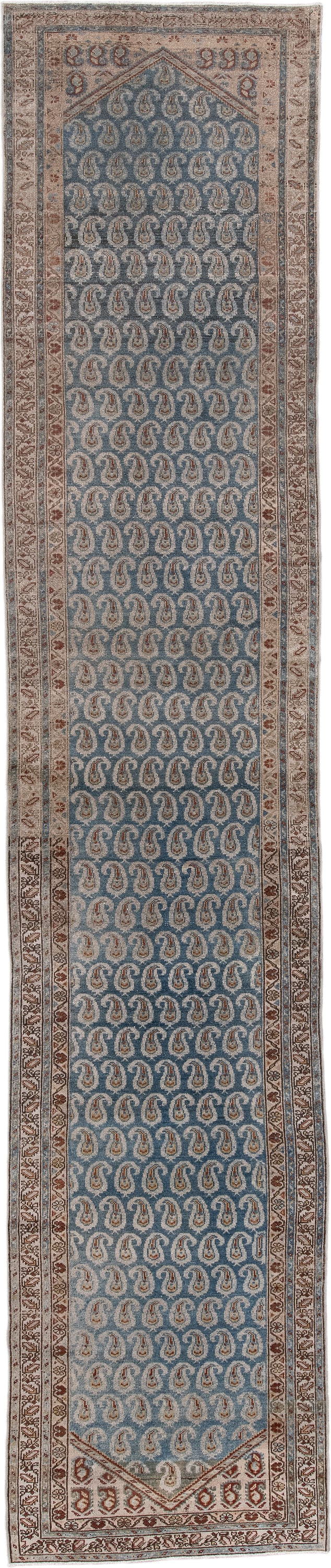 3' x 16' one-of-a-kind handmade antique Malayer runner rug. Color palette: pale blue, ivory, rust, taupe, brown, slate