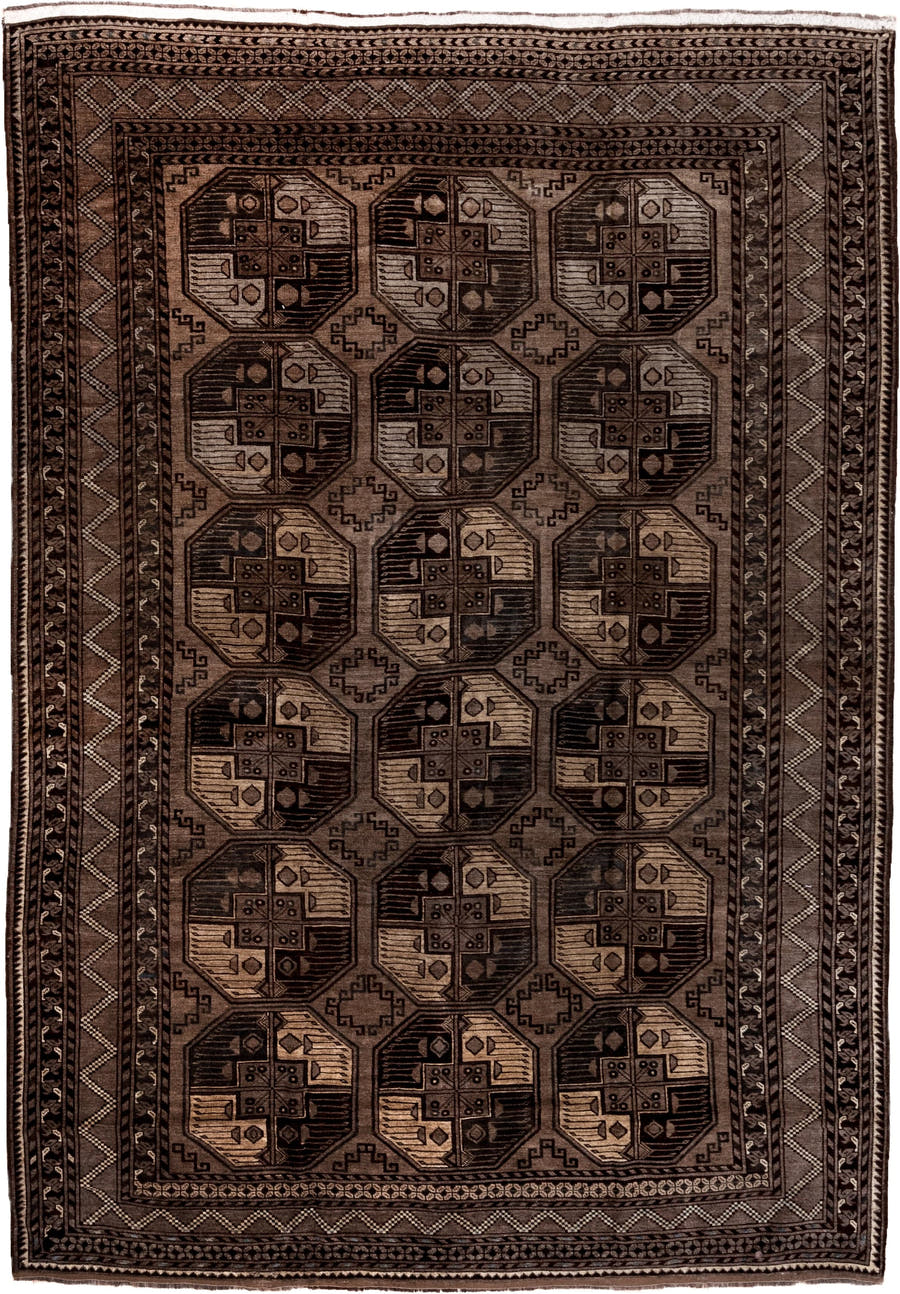 7' x 10' one-of-a-kind handmade antique Afghan large size rug. Color palette: brown, taupe, camel, ebony, ivory, beige, gray