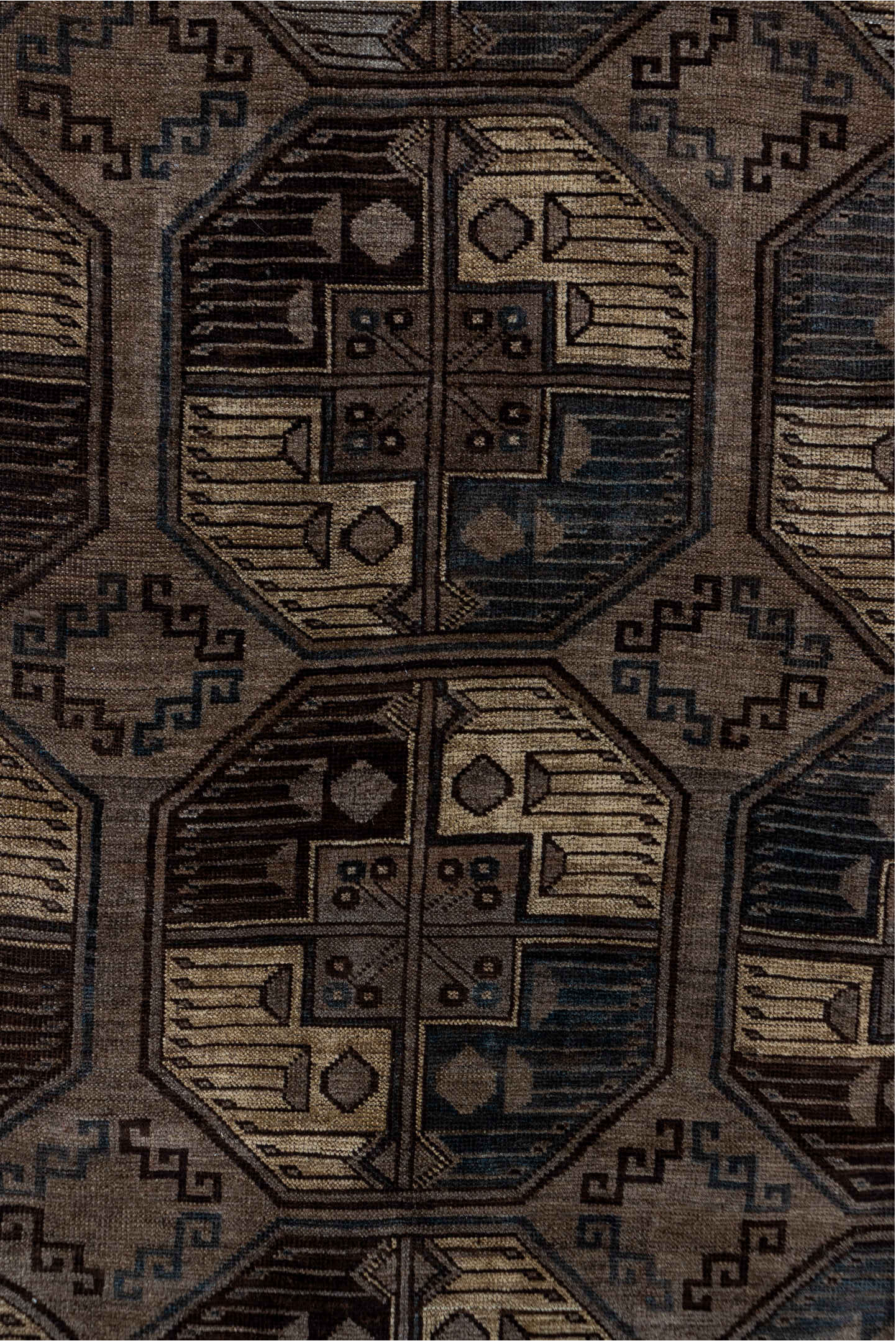 7' x 10' one-of-a-kind handmade vintage Afghan large size rug. Color palette: black, brown, gray, light gray, off-white