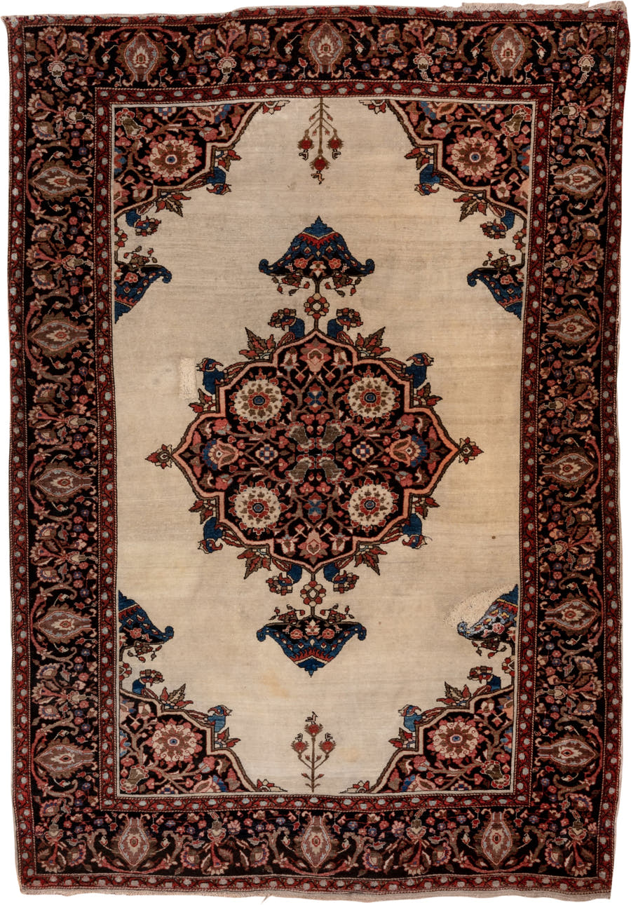 4' x 6' one-of-a-kind handmade vintage Far.Sarouk small size rug. Color palette: ivory, navy, rust, rose, burgundy, camel