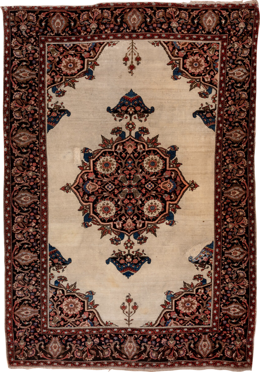 4' x 6' one-of-a-kind handmade vintage Far.Sarouk small size rug. Color palette: ivory, navy, rust, rose, burgundy, camel