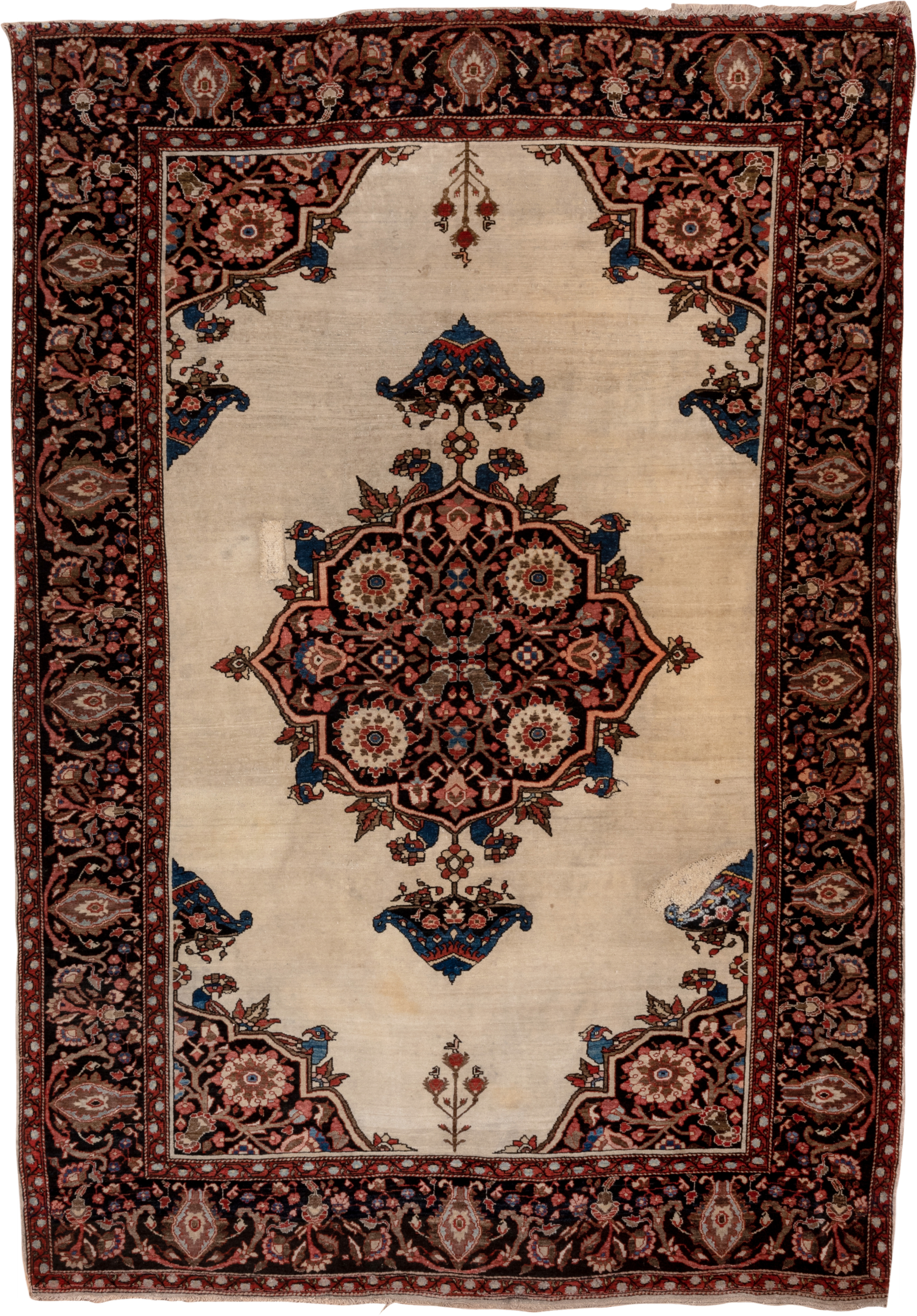 4' x 6' one-of-a-kind handmade vintage Far.Sarouk small size rug. Color palette: ivory, navy, rust, rose, burgundy, camel