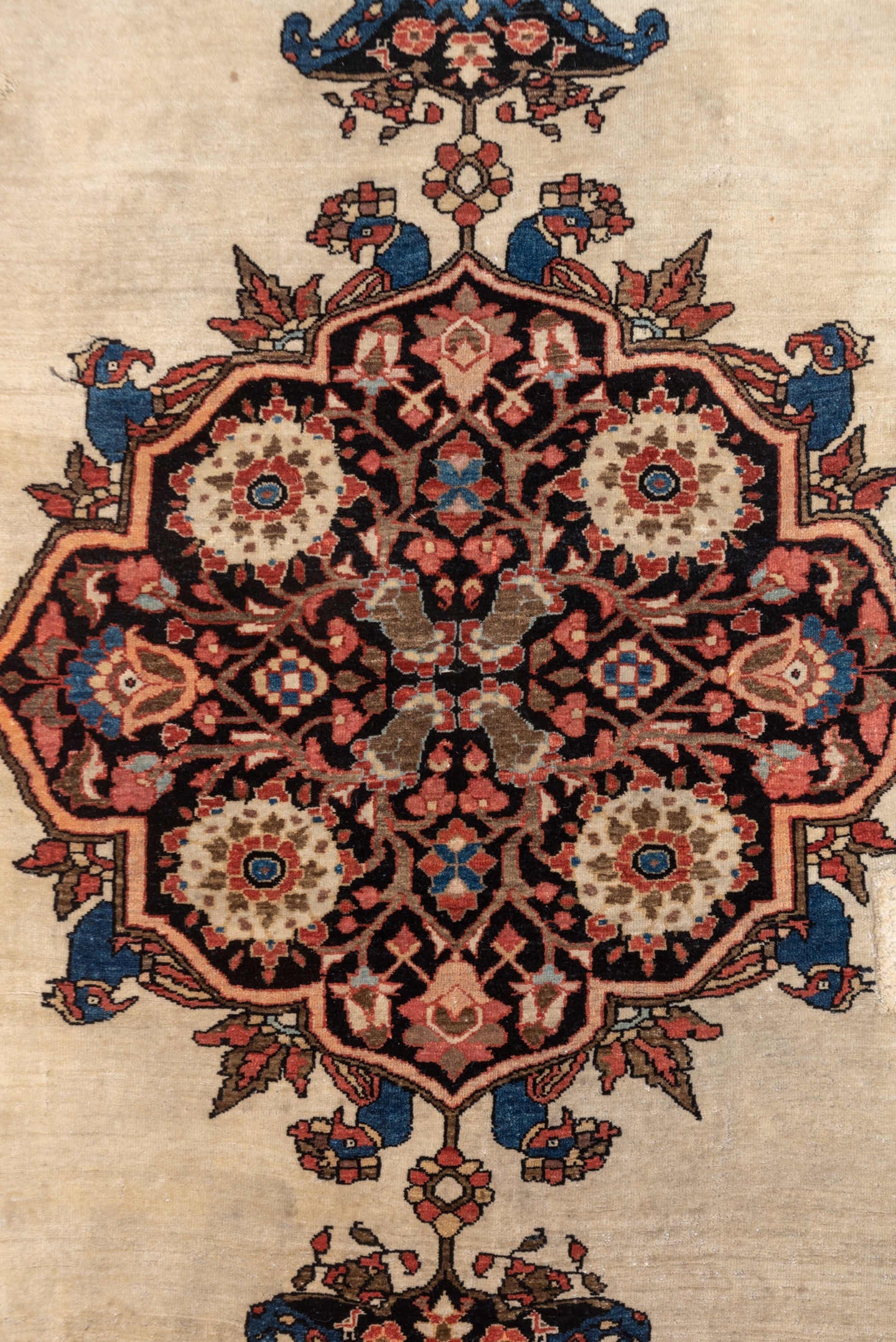 4' x 6' one-of-a-kind handmade vintage Far.Sarouk small size rug. Color palette: ivory, navy, rust, rose, burgundy, camel