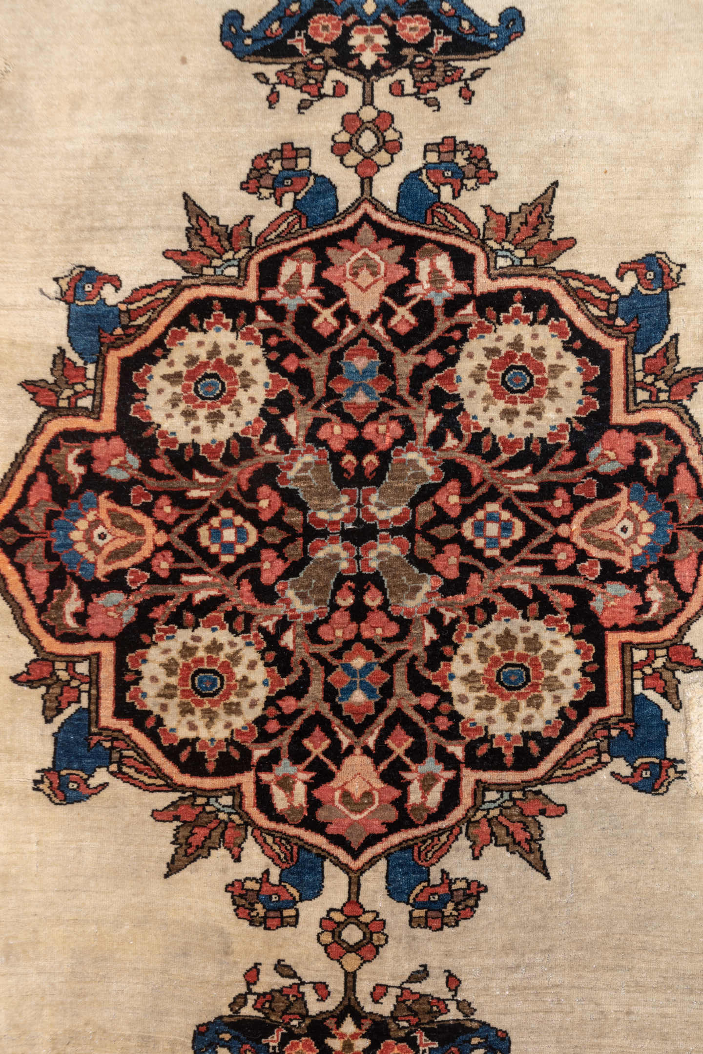 4' x 6' one-of-a-kind handmade vintage Far.Sarouk small size rug. Color palette: ivory, navy, rust, rose, burgundy, camel