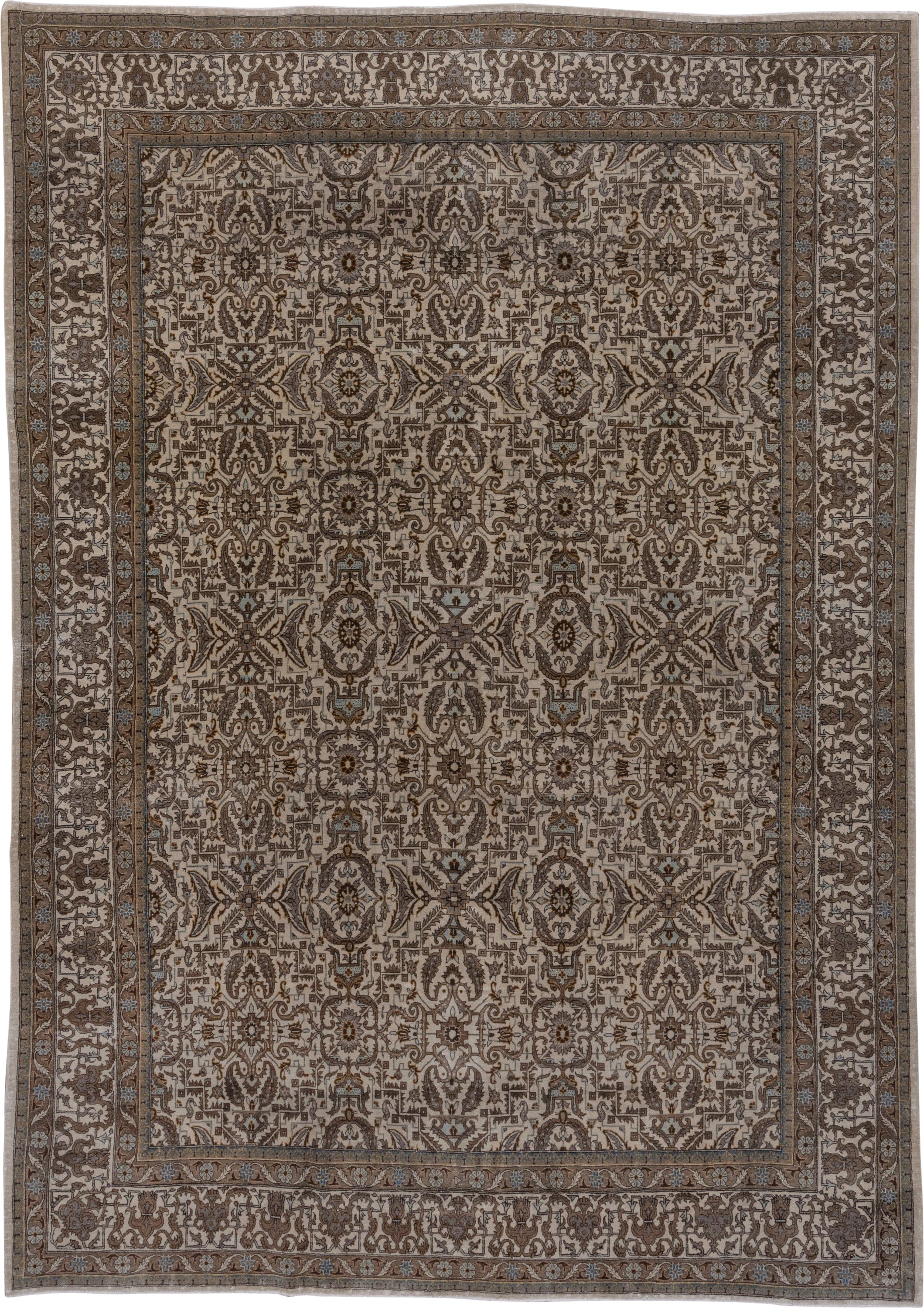 7' x 11' one-of-a-kind handmade antique Tabriz large size rug. Color palette: ivory, taupe, brown, camel, slate, soft_blue