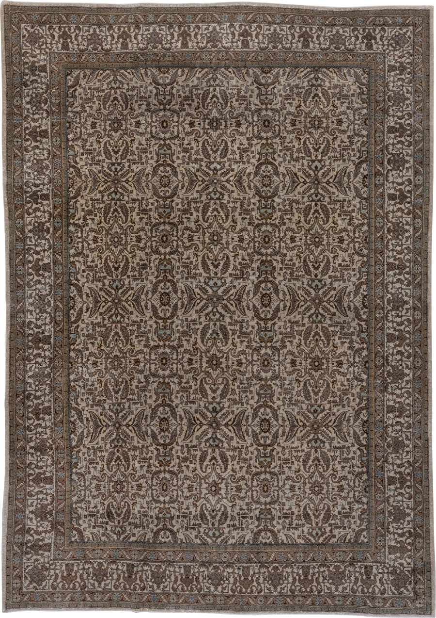 7' x 11' one-of-a-kind handmade antique Tabriz large size rug. Color palette: ivory, taupe, brown, camel, slate, soft_blue